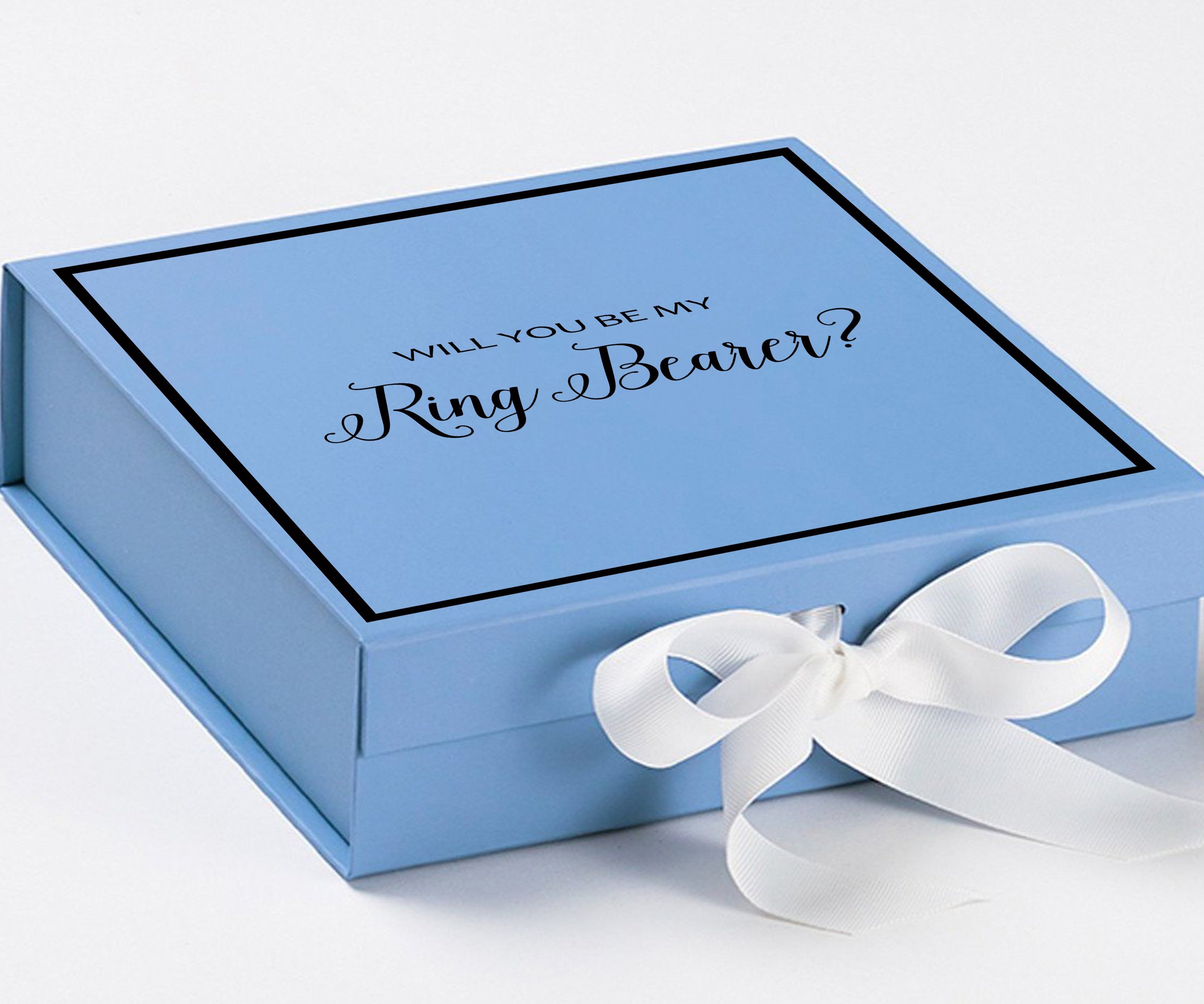 Light blue proposal box with white bow and metallic writing, perfect for ring bearer proposals.