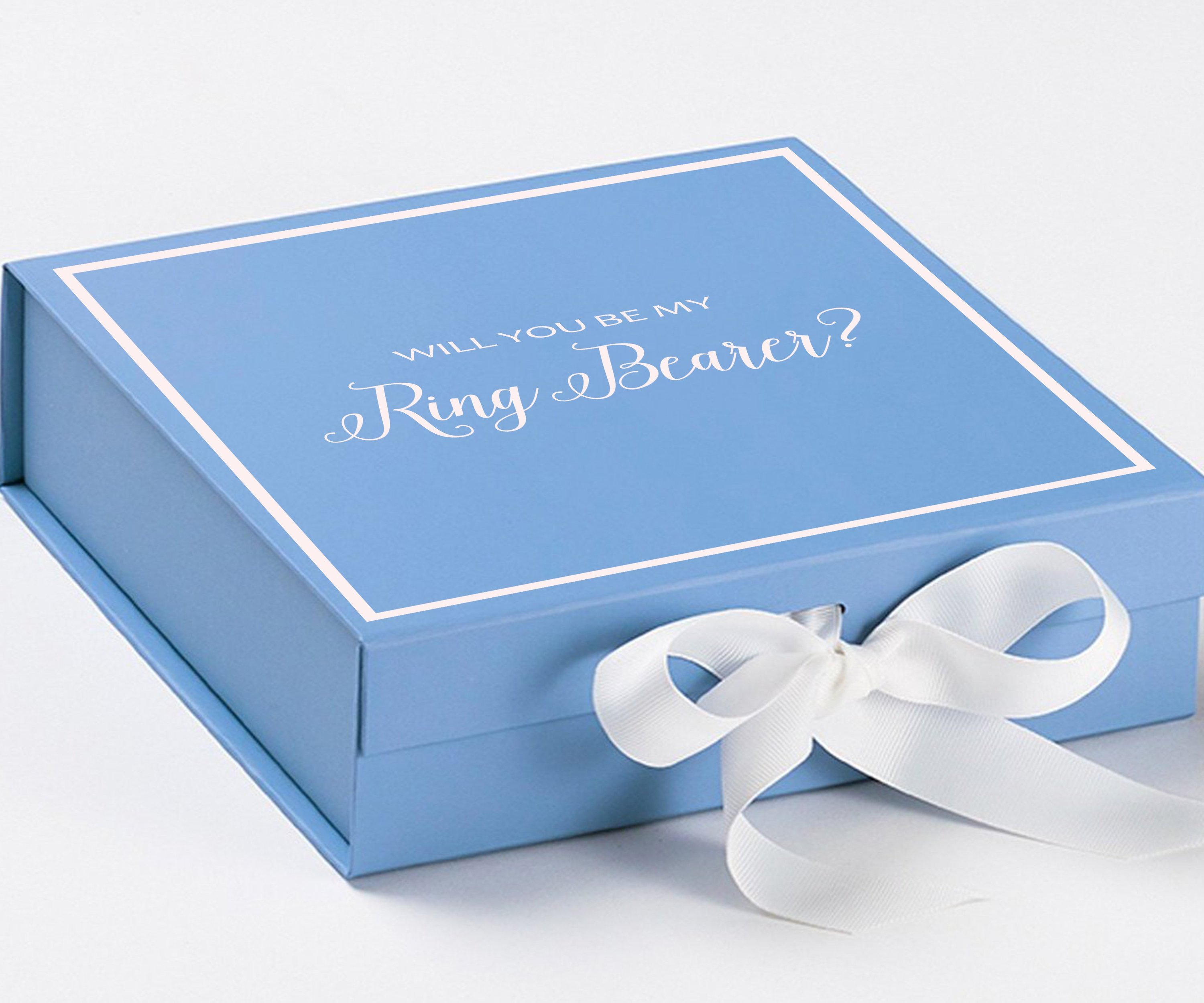 Light blue proposal box with white bow and metallic writing, perfect for ring bearer proposals.