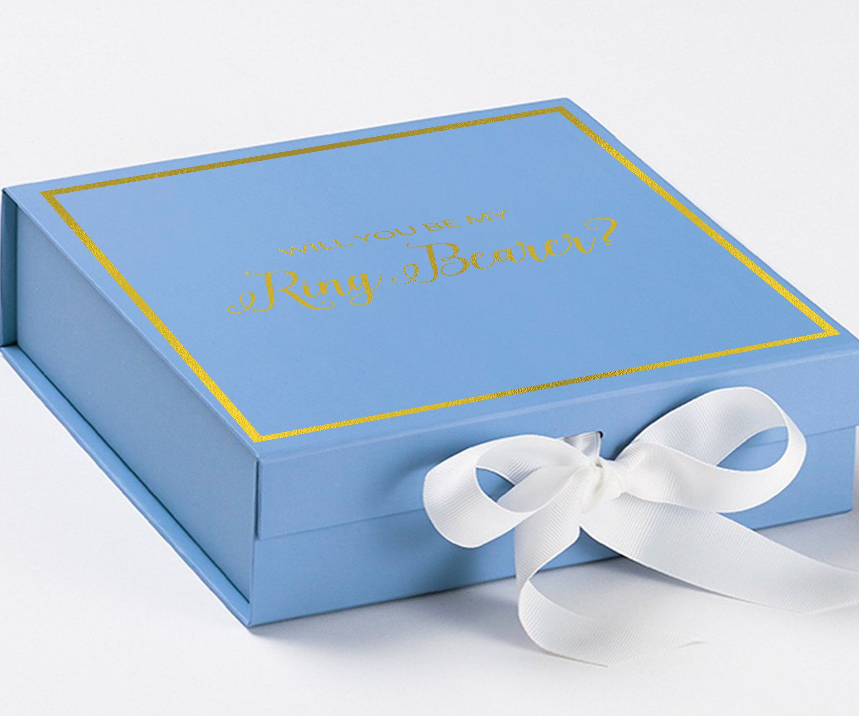 Light blue proposal box with white bow and metallic writing, perfect for ring bearer proposals.
