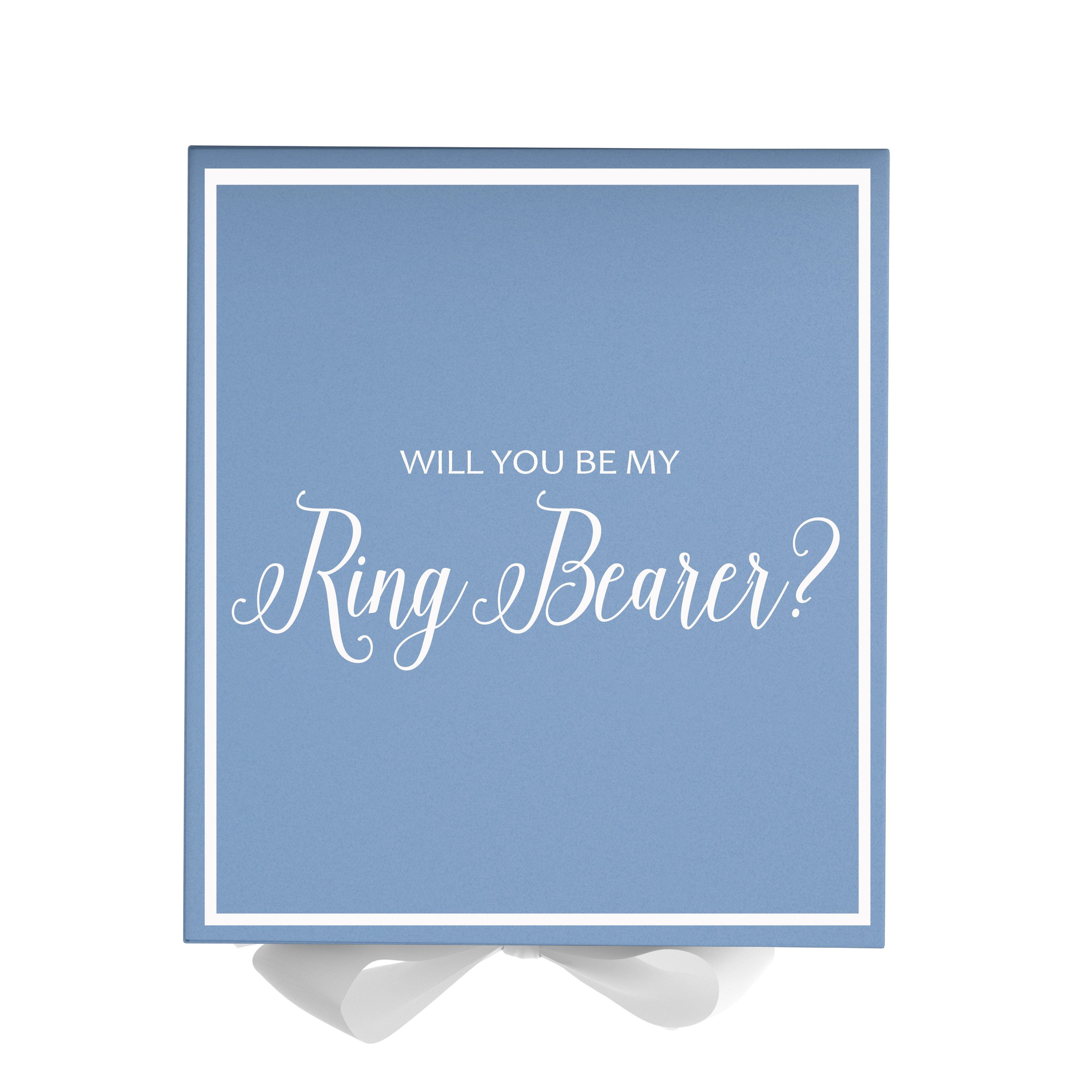 Light blue proposal box with white bow and metallic writing, perfect for ring bearer proposals.