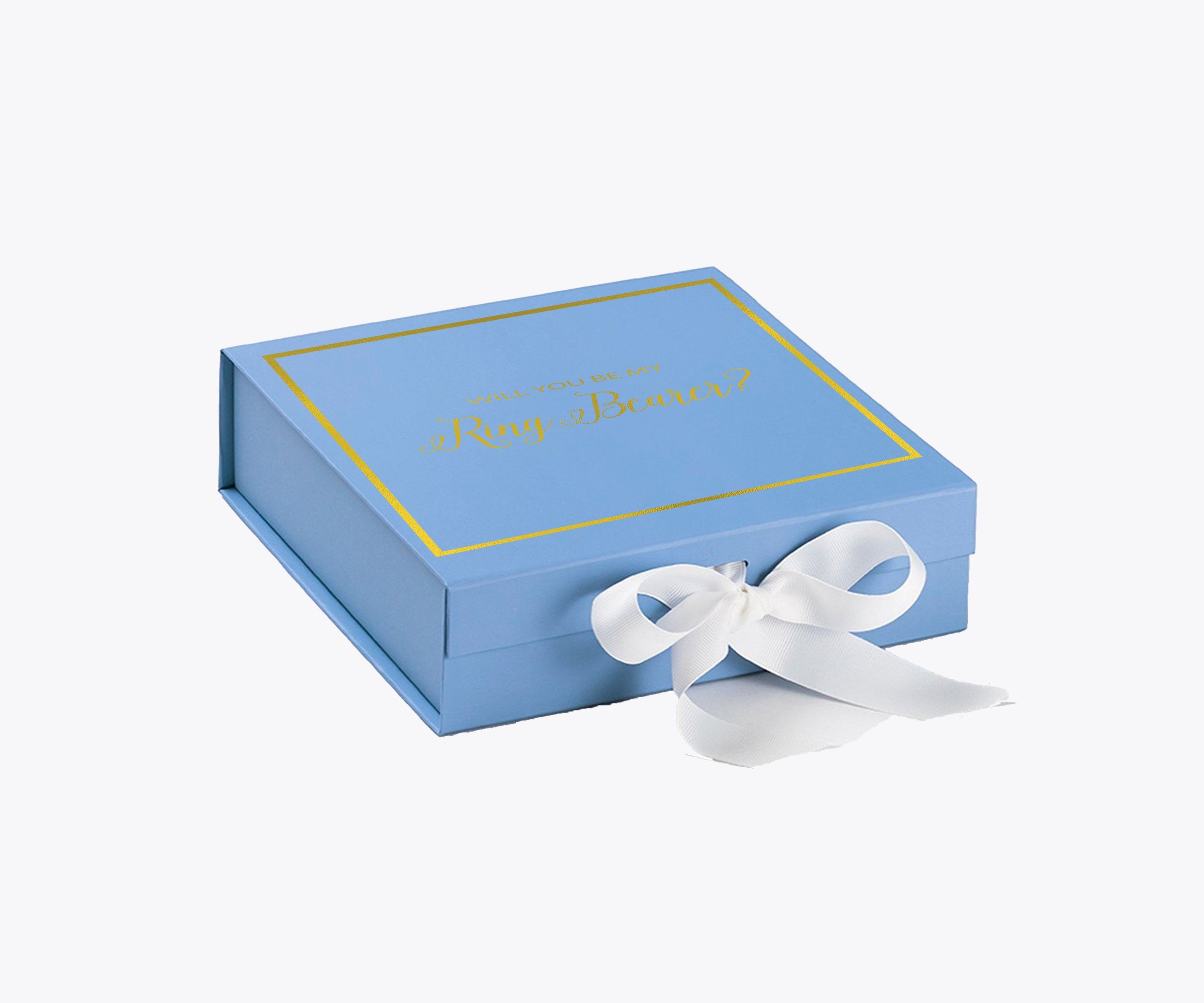 Light blue proposal box with white bow and metallic writing, perfect for ring bearer proposals.