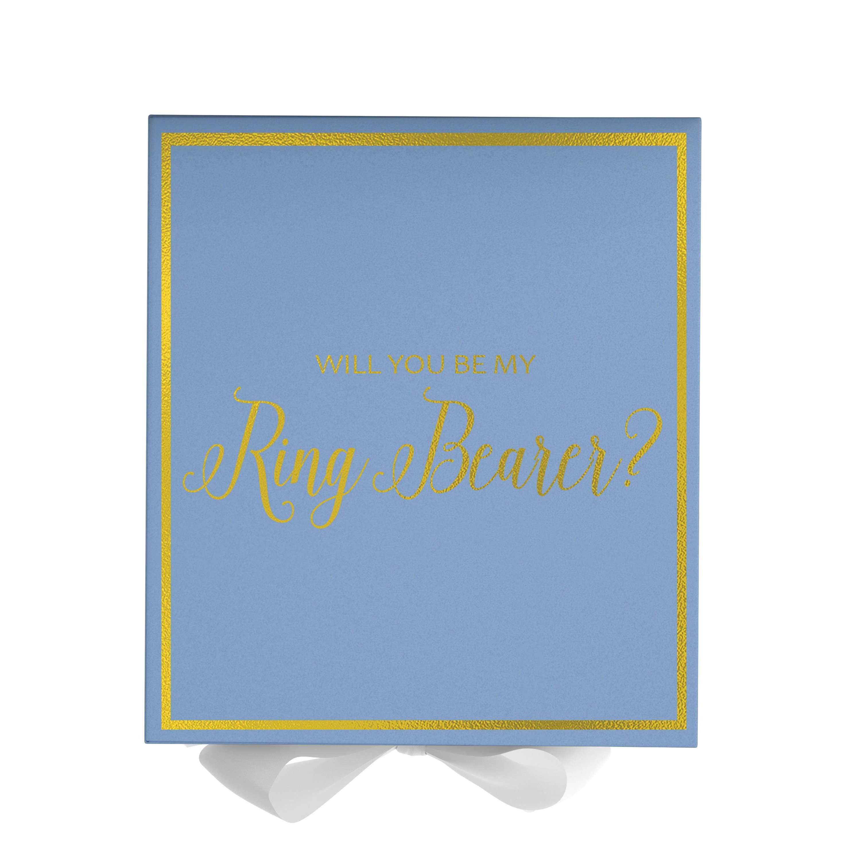 Light blue proposal box with white bow and metallic writing, perfect for ring bearer proposals.
