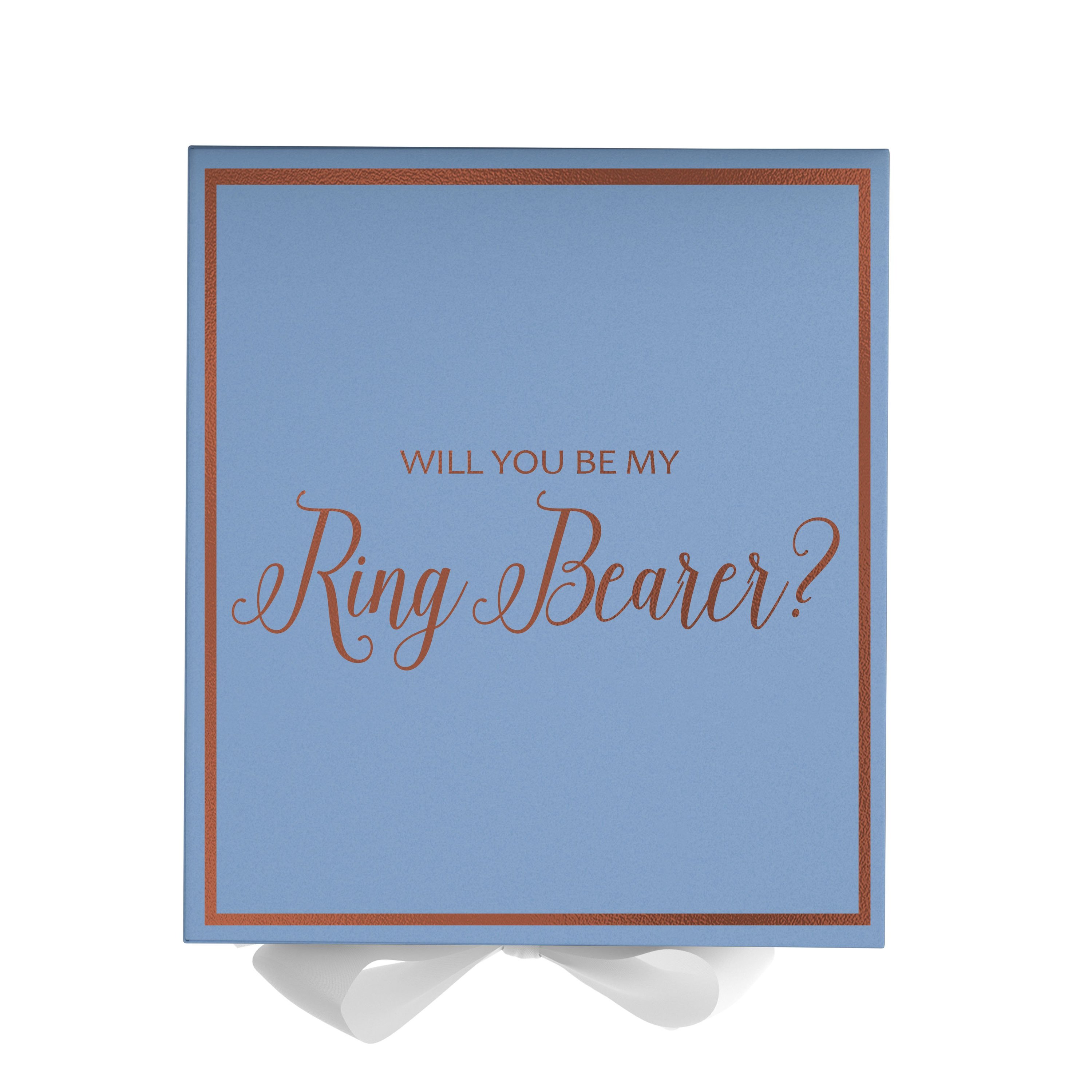 Light blue proposal box with white bow and metallic writing, perfect for ring bearer proposals.