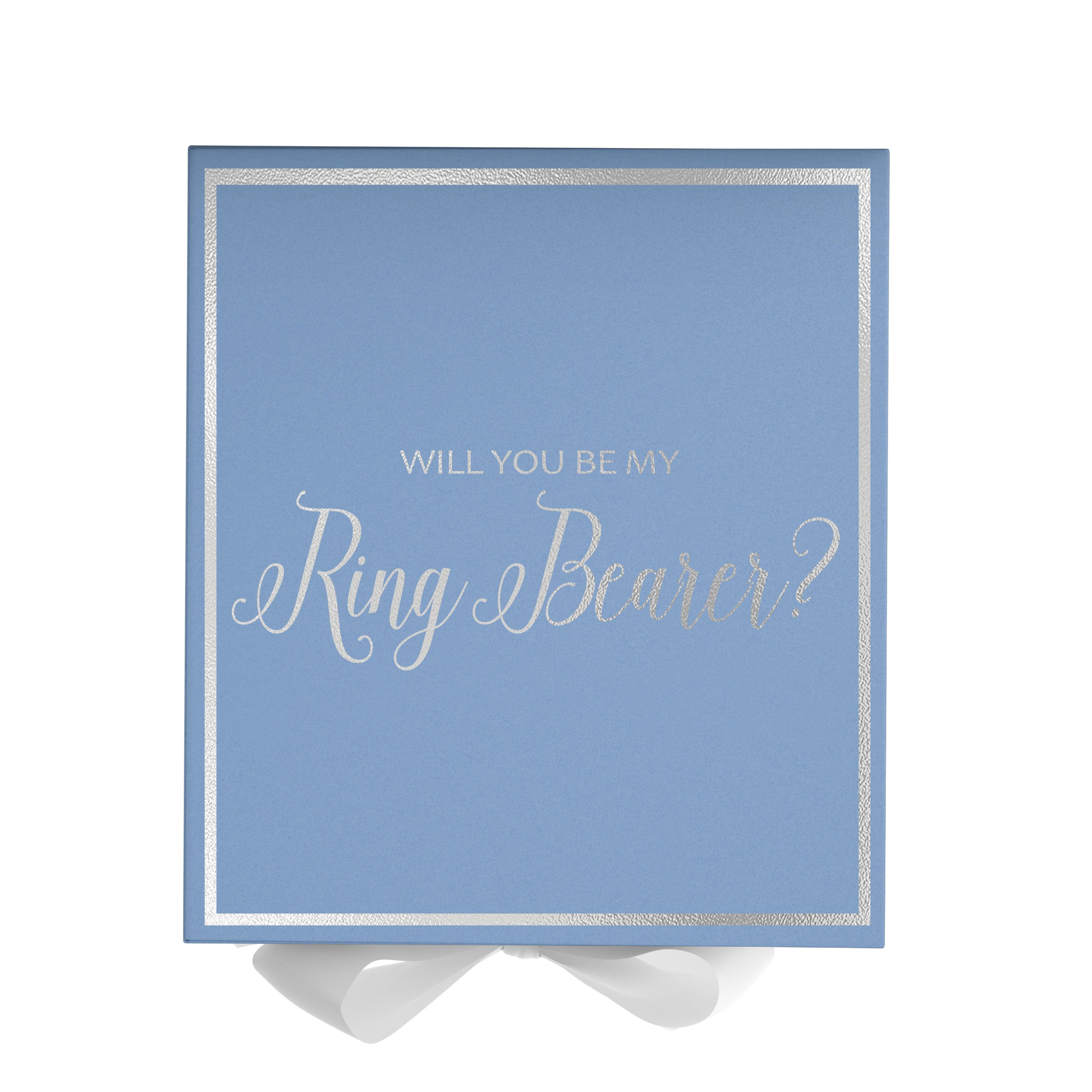 Light blue proposal box with white bow and metallic writing, perfect for ring bearer proposals.