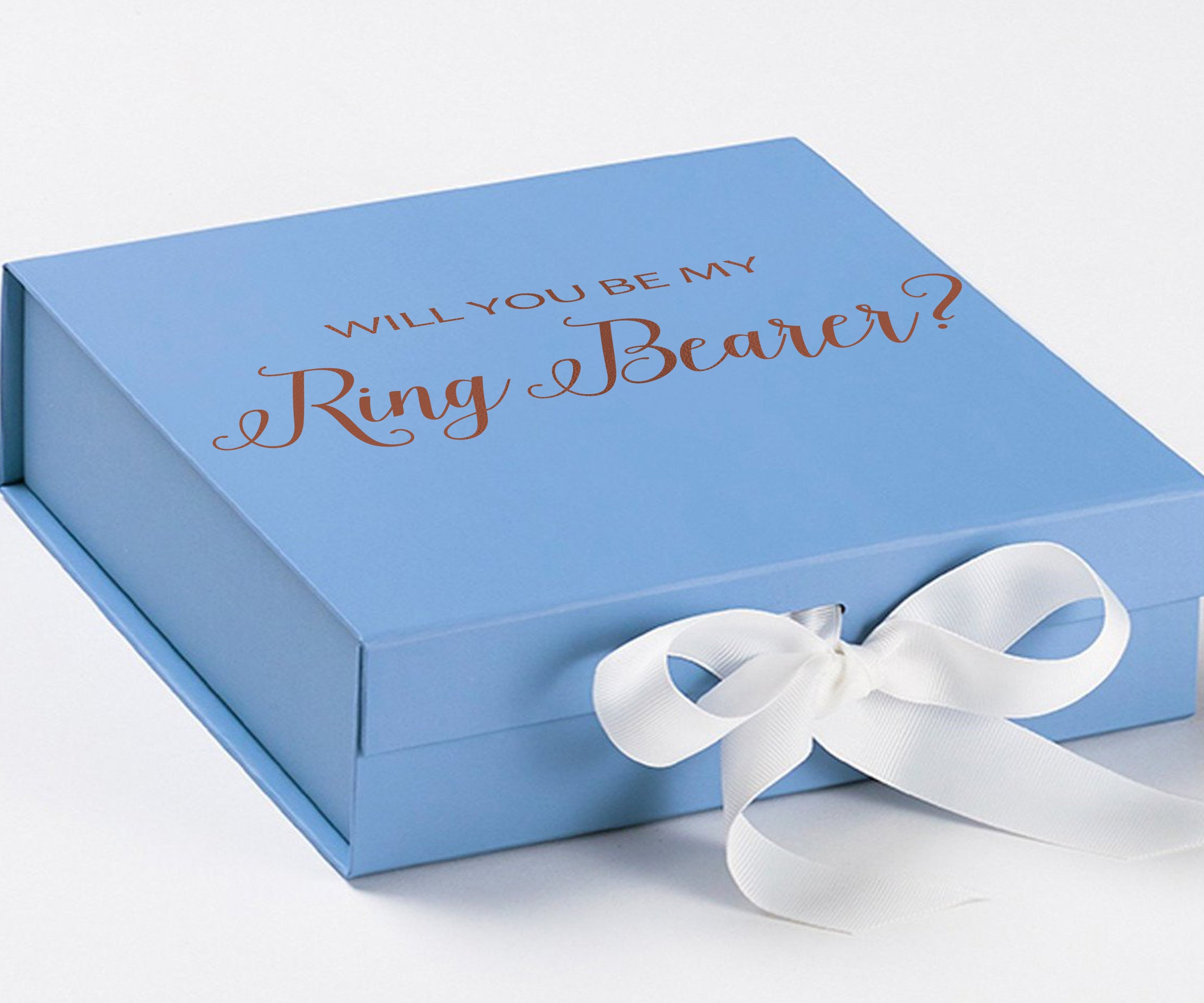 Light blue proposal box with white bow and metallic writing, perfect for ring bearer proposals.