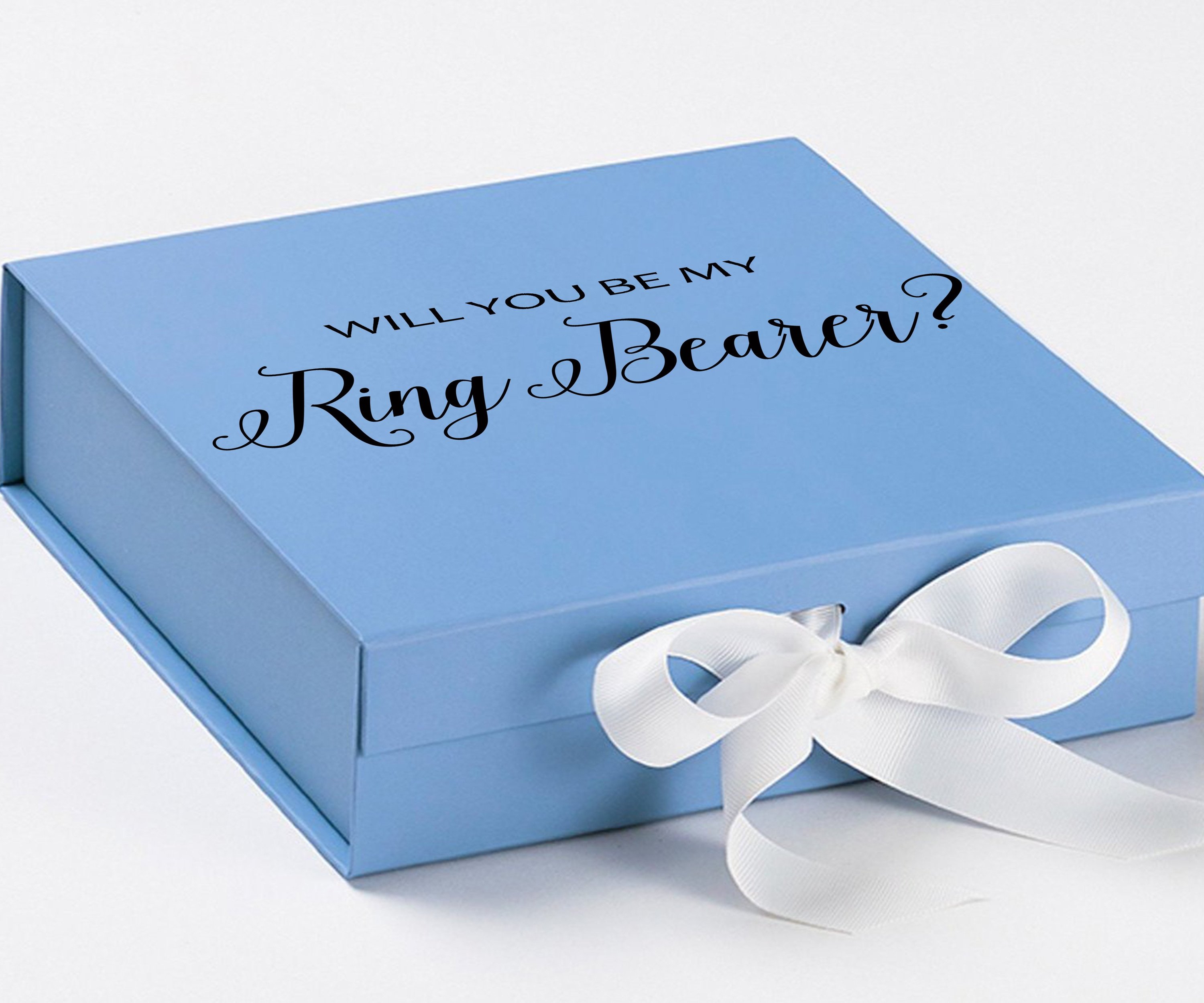 Light blue proposal box with white bow and metallic writing, perfect for ring bearer proposals.