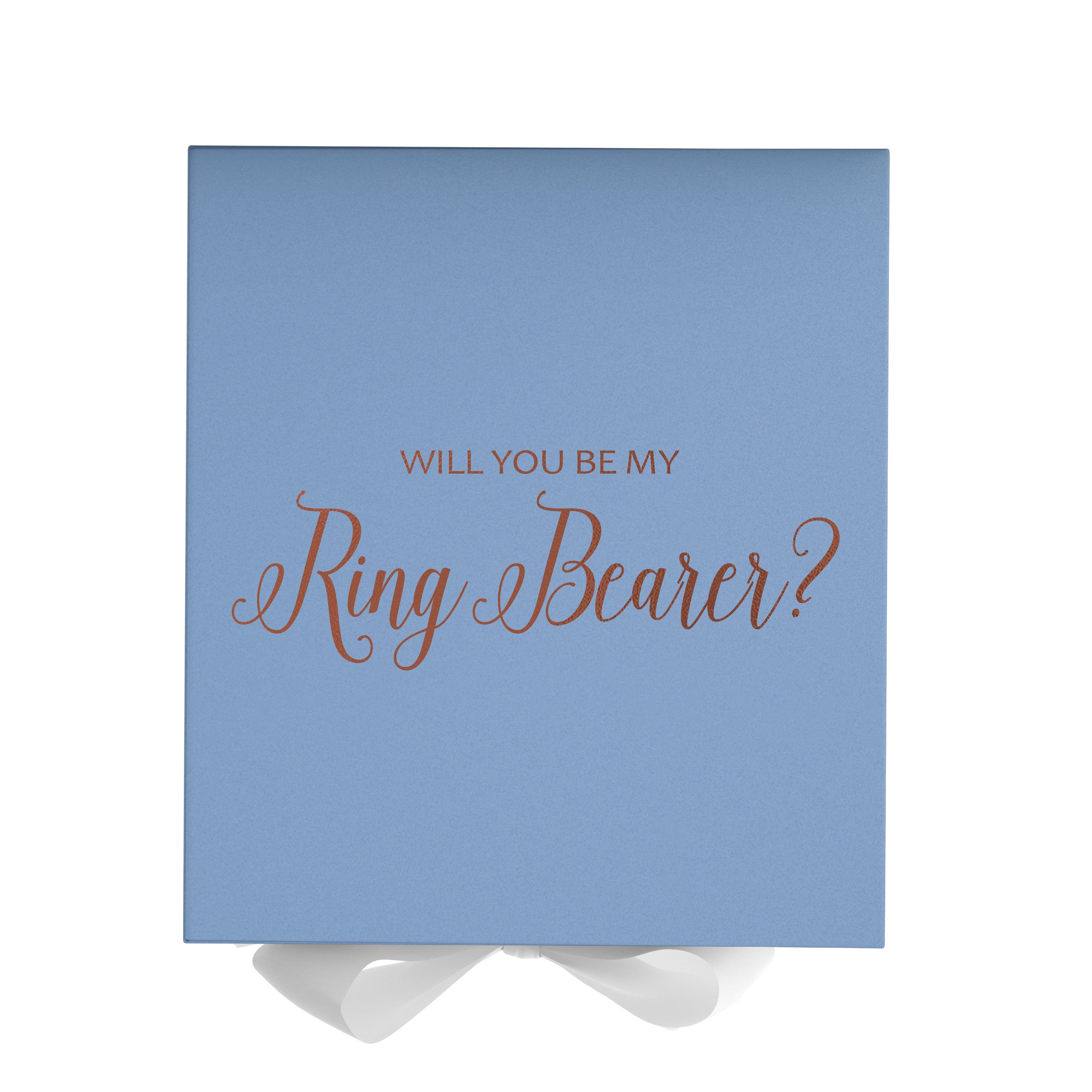 Light blue proposal box with white bow and metallic writing, perfect for ring bearer proposals.