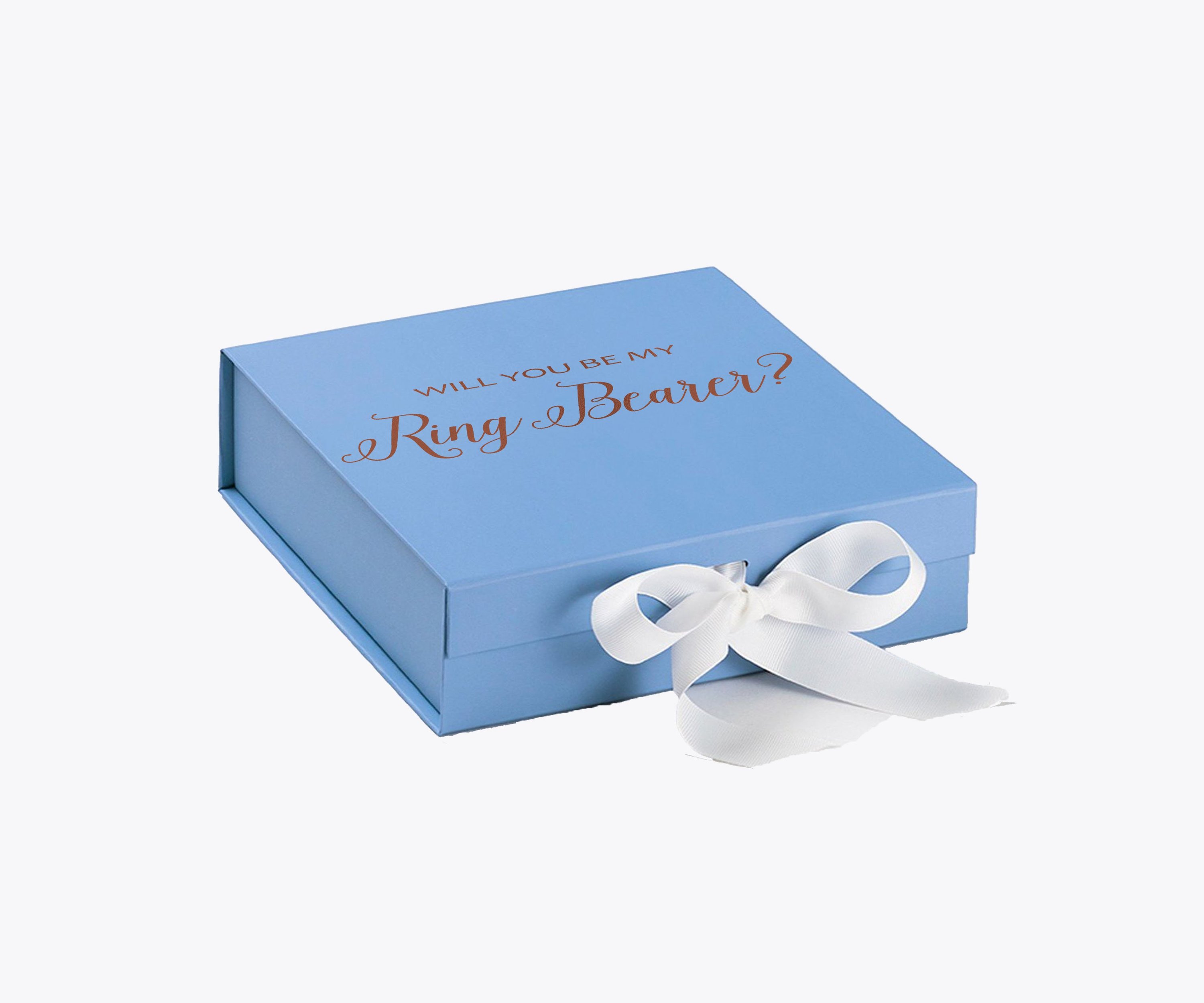 Light blue proposal box with white bow and metallic writing, perfect for ring bearer proposals.