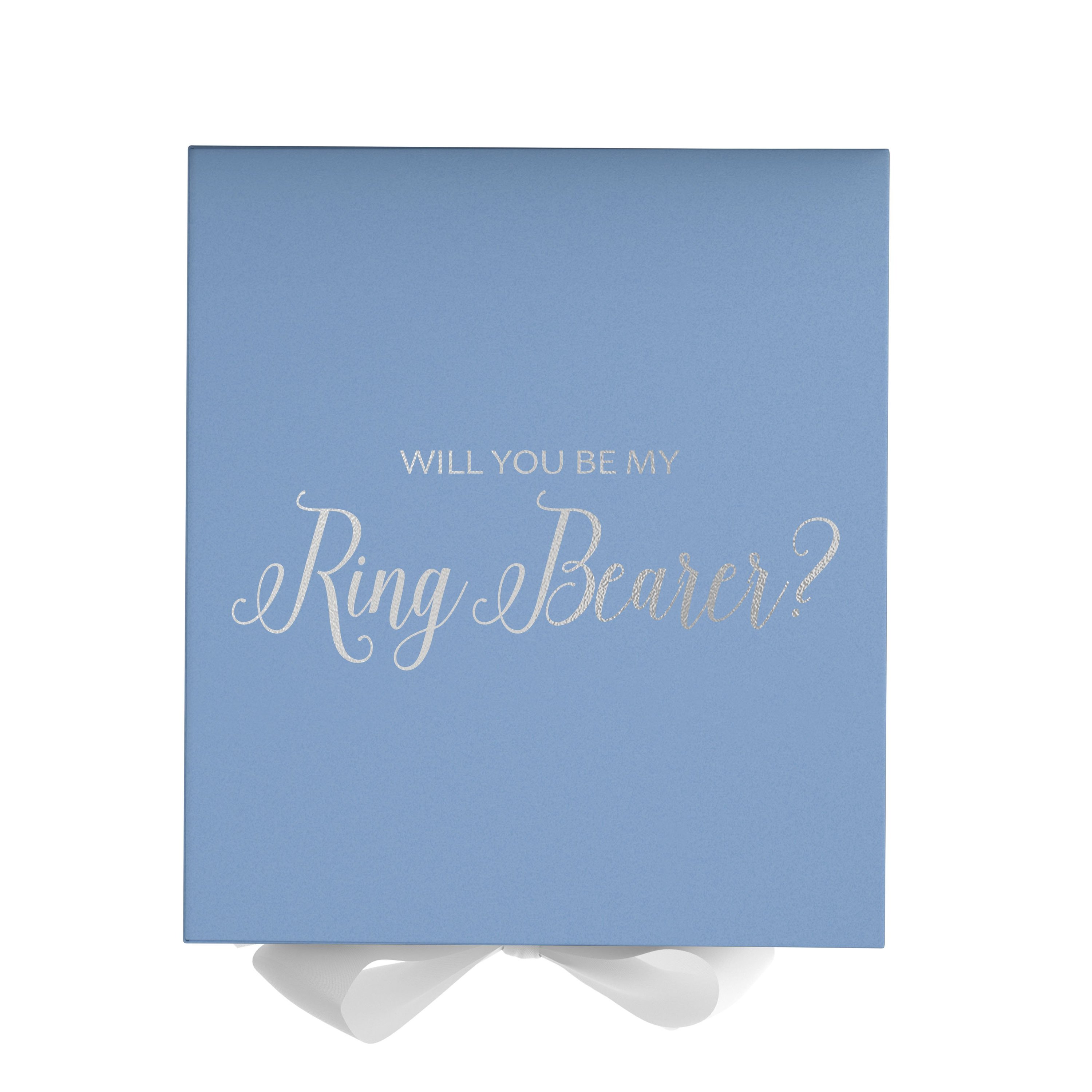 Light blue proposal box with white bow and metallic writing, perfect for ring bearer proposals.