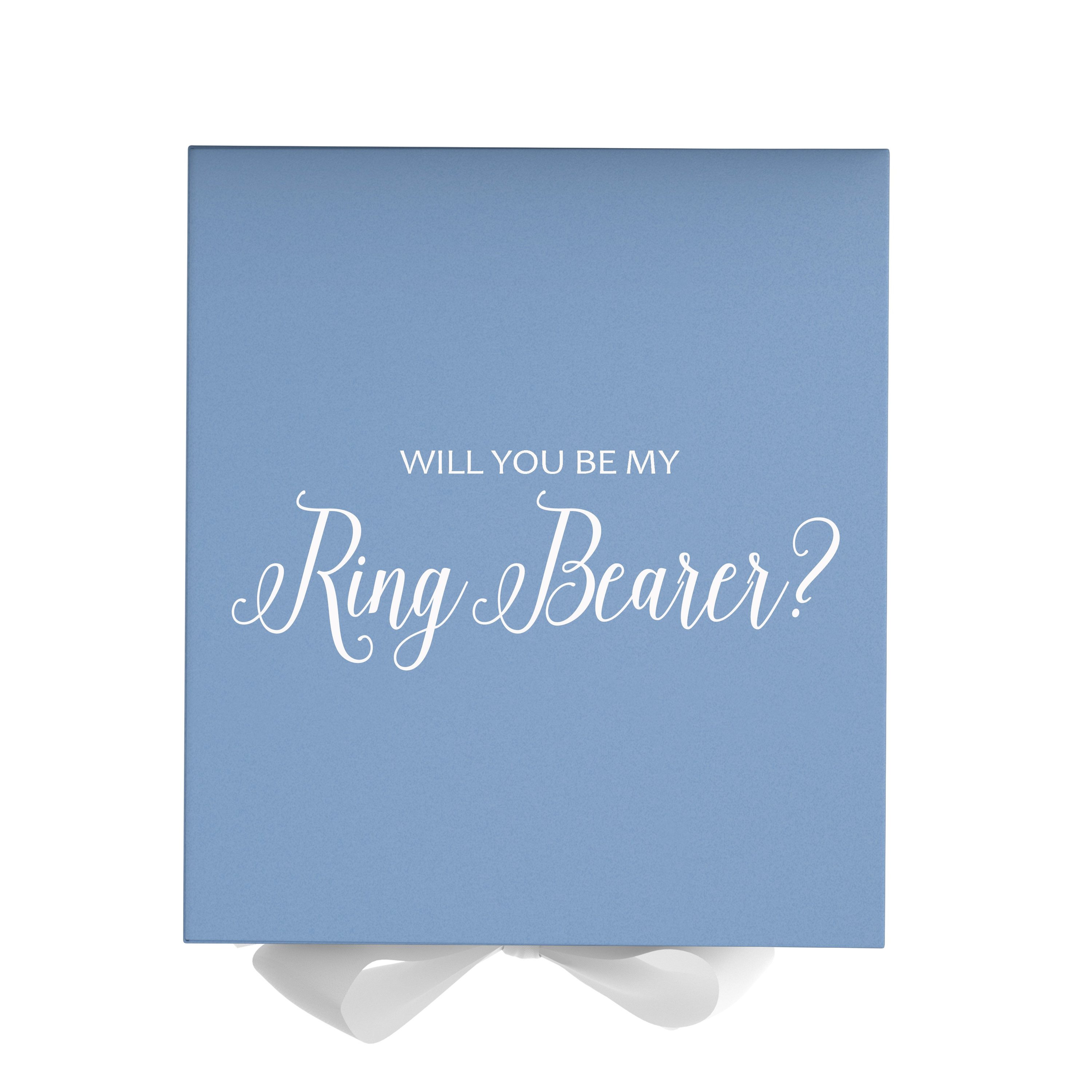 Light blue proposal box with white bow and metallic writing, perfect for ring bearer proposals.
