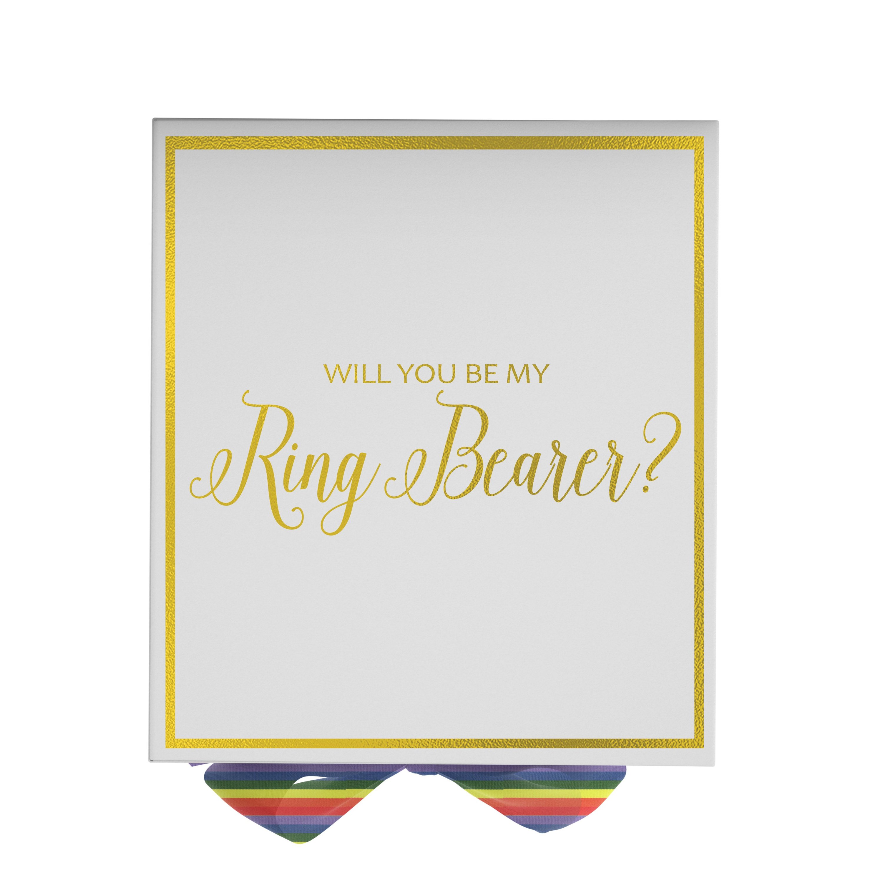 Elegant white proposal box with metallic writing and rainbow bow, perfect for ring bearer proposal.