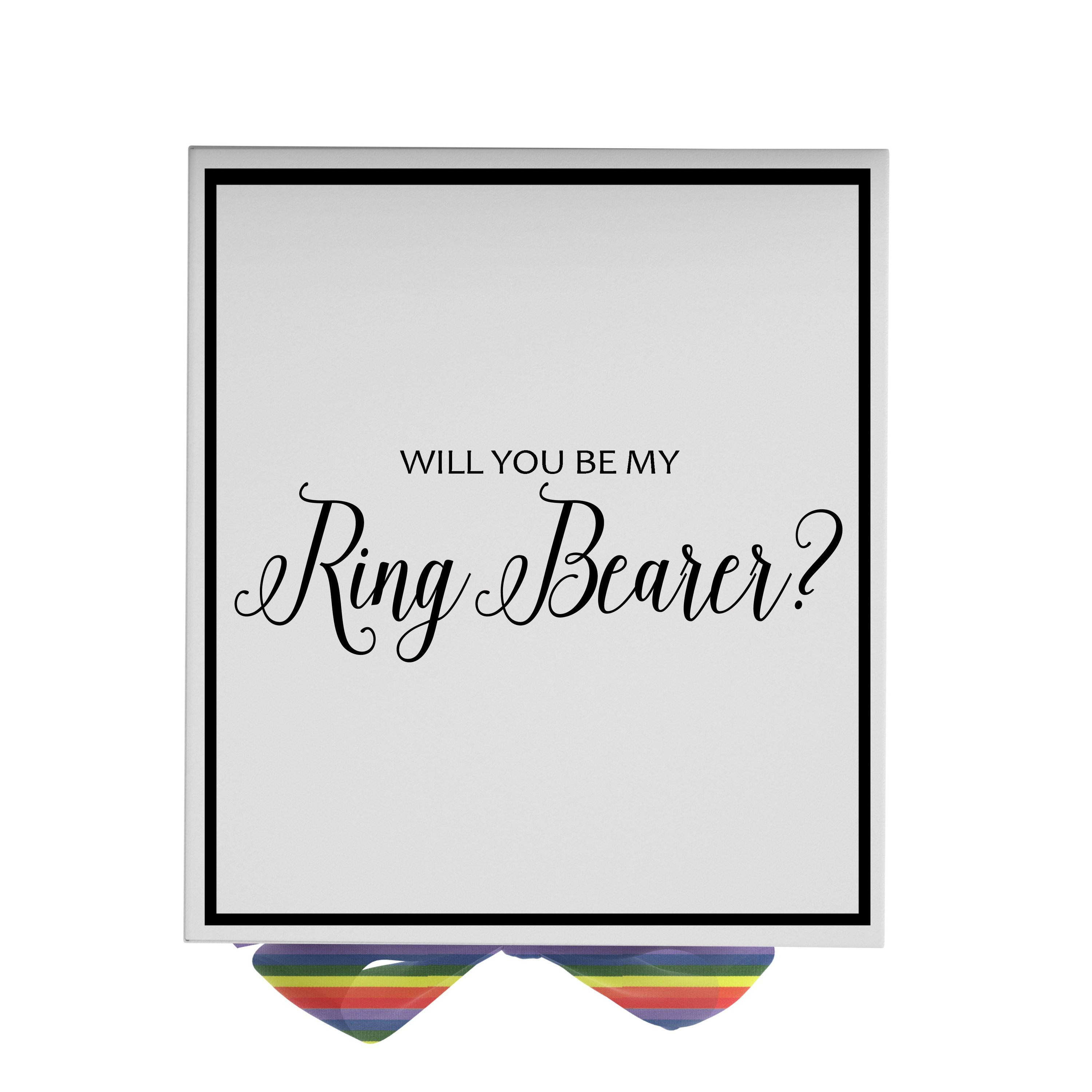 Elegant white proposal box with metallic writing and rainbow bow, perfect for ring bearer proposal.