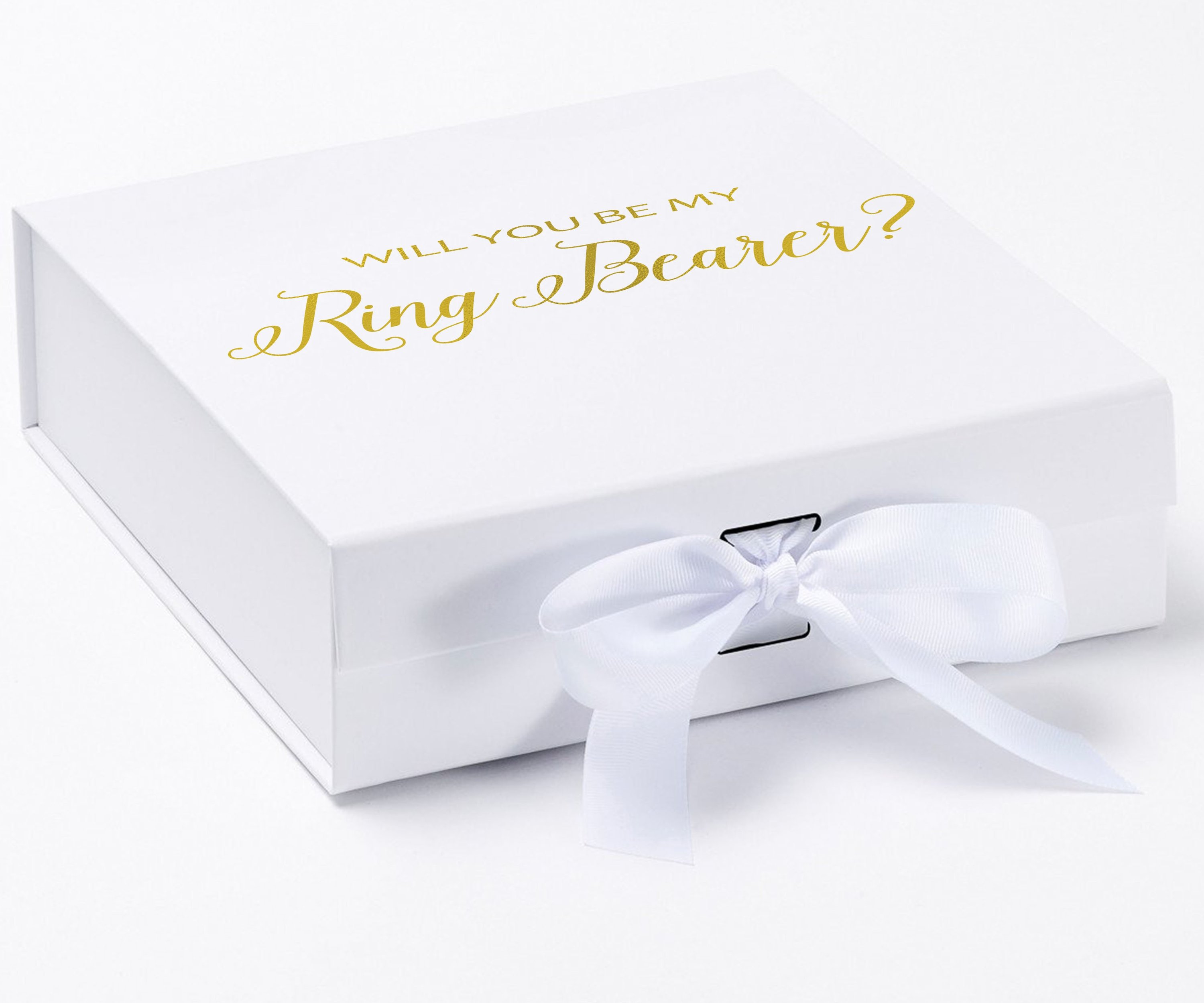 Elegant white proposal box with metallic writing, featuring a white bow and no border, perfect for asking a ring bearer.