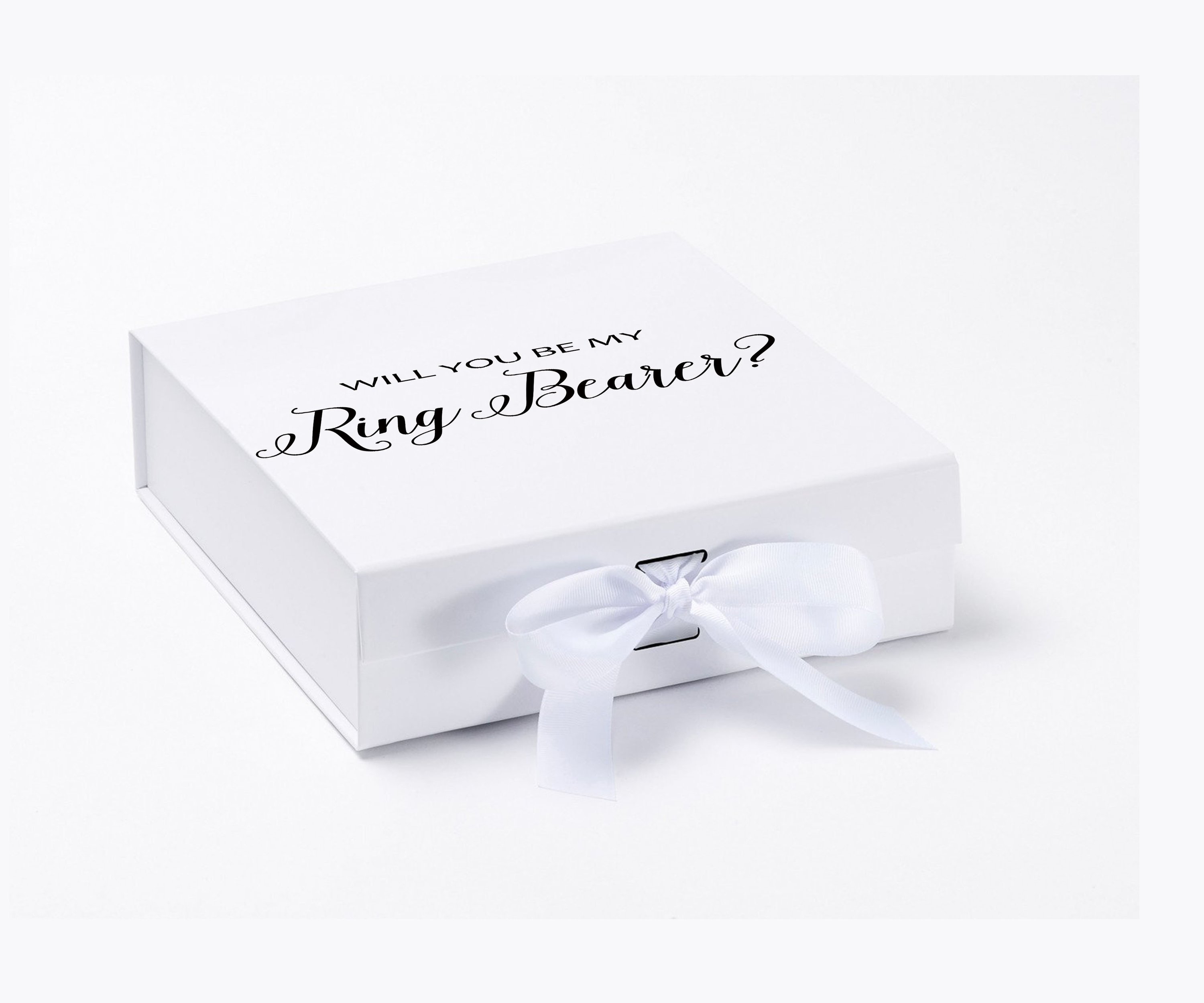 Elegant white proposal box with metallic writing, featuring a white bow and no border, perfect for asking a ring bearer.