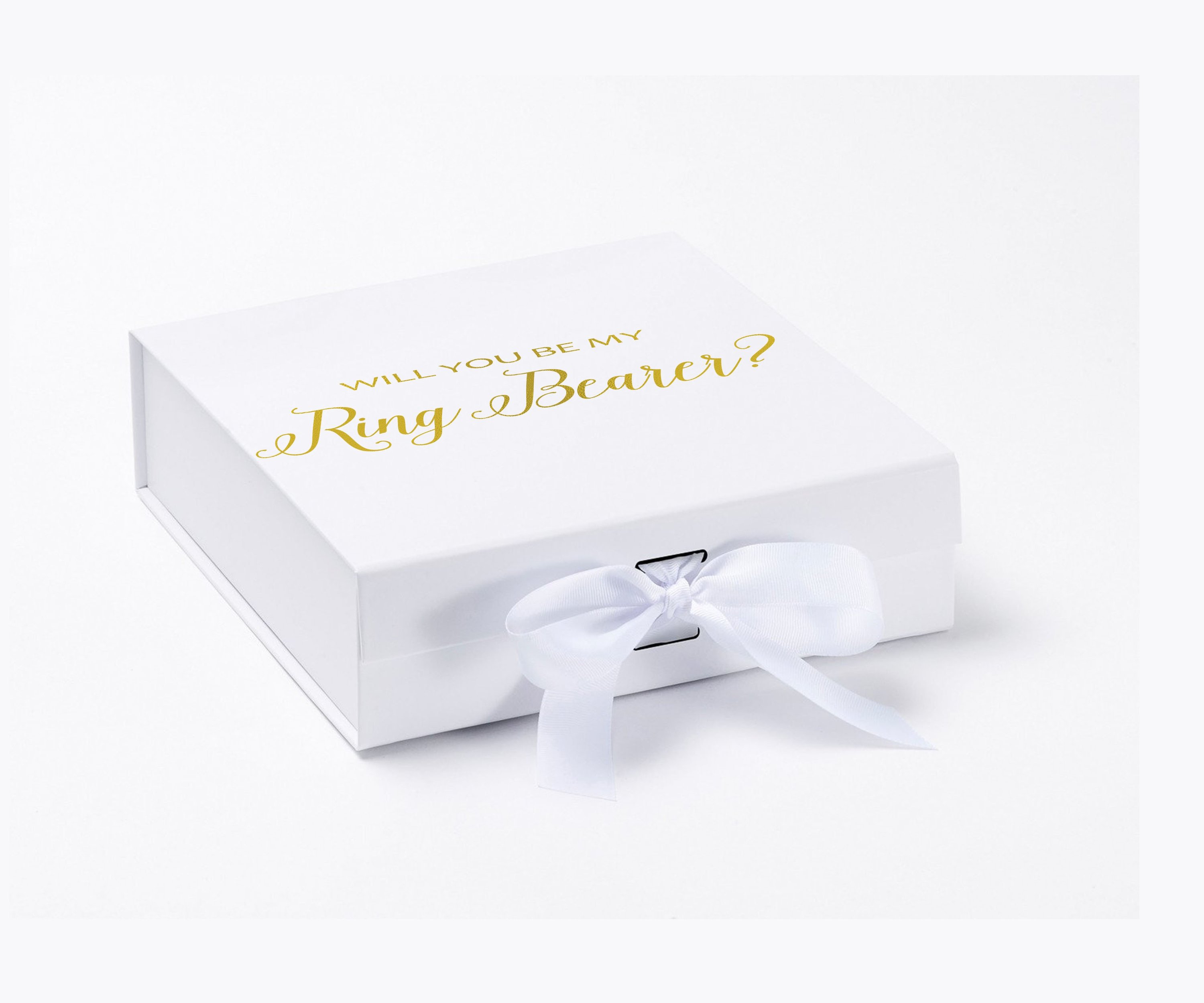 Elegant white proposal box with metallic writing, featuring a white bow and no border, perfect for asking a ring bearer.