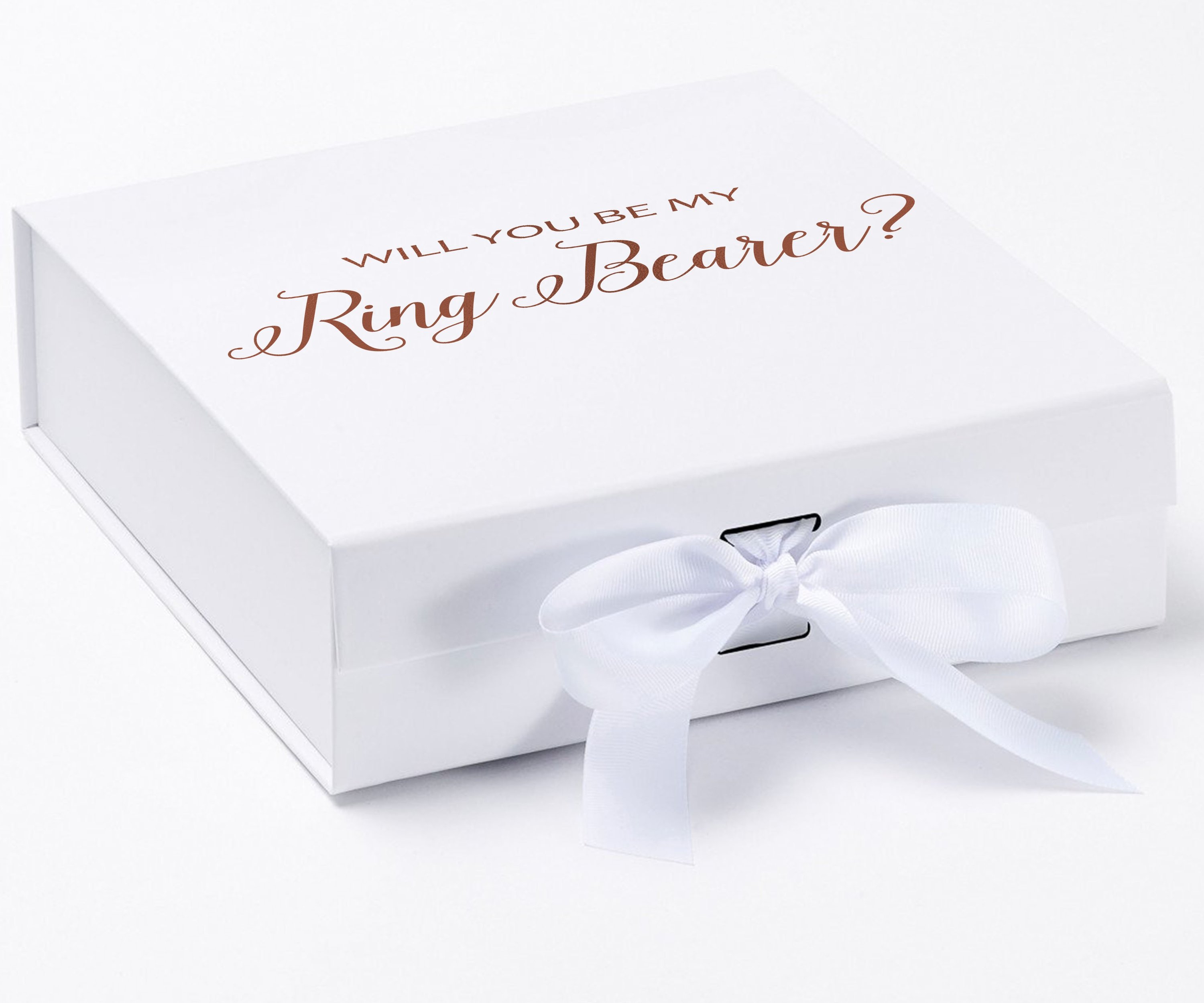 Elegant white proposal box with metallic writing, featuring a white bow and no border, perfect for asking a ring bearer.