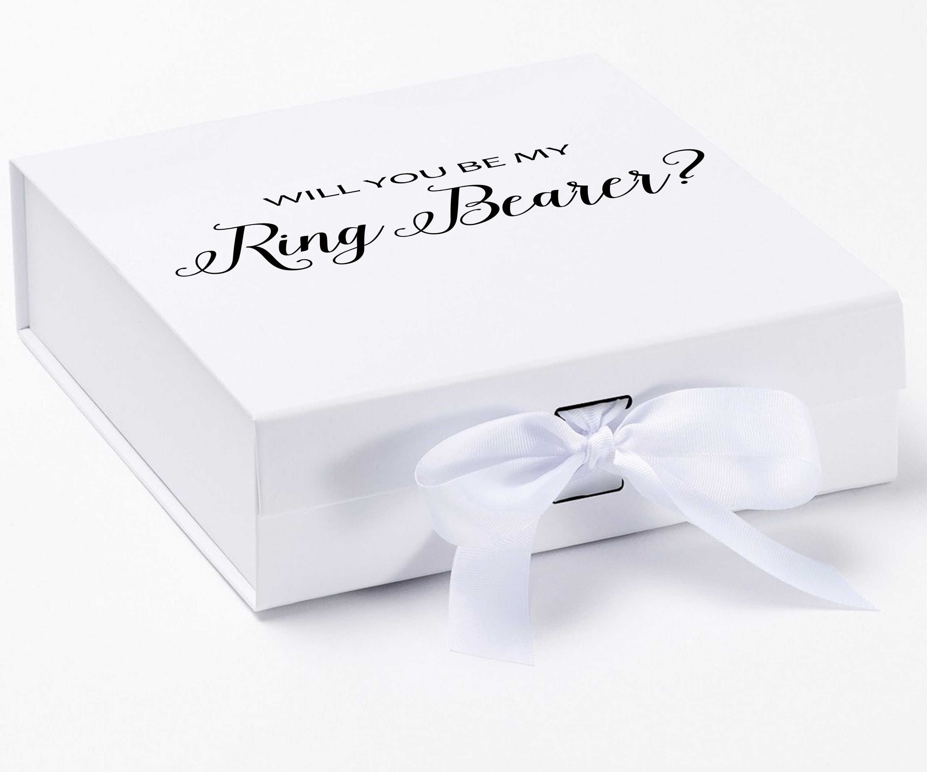 Elegant white proposal box with metallic writing, featuring a white bow and no border, perfect for asking a ring bearer.
