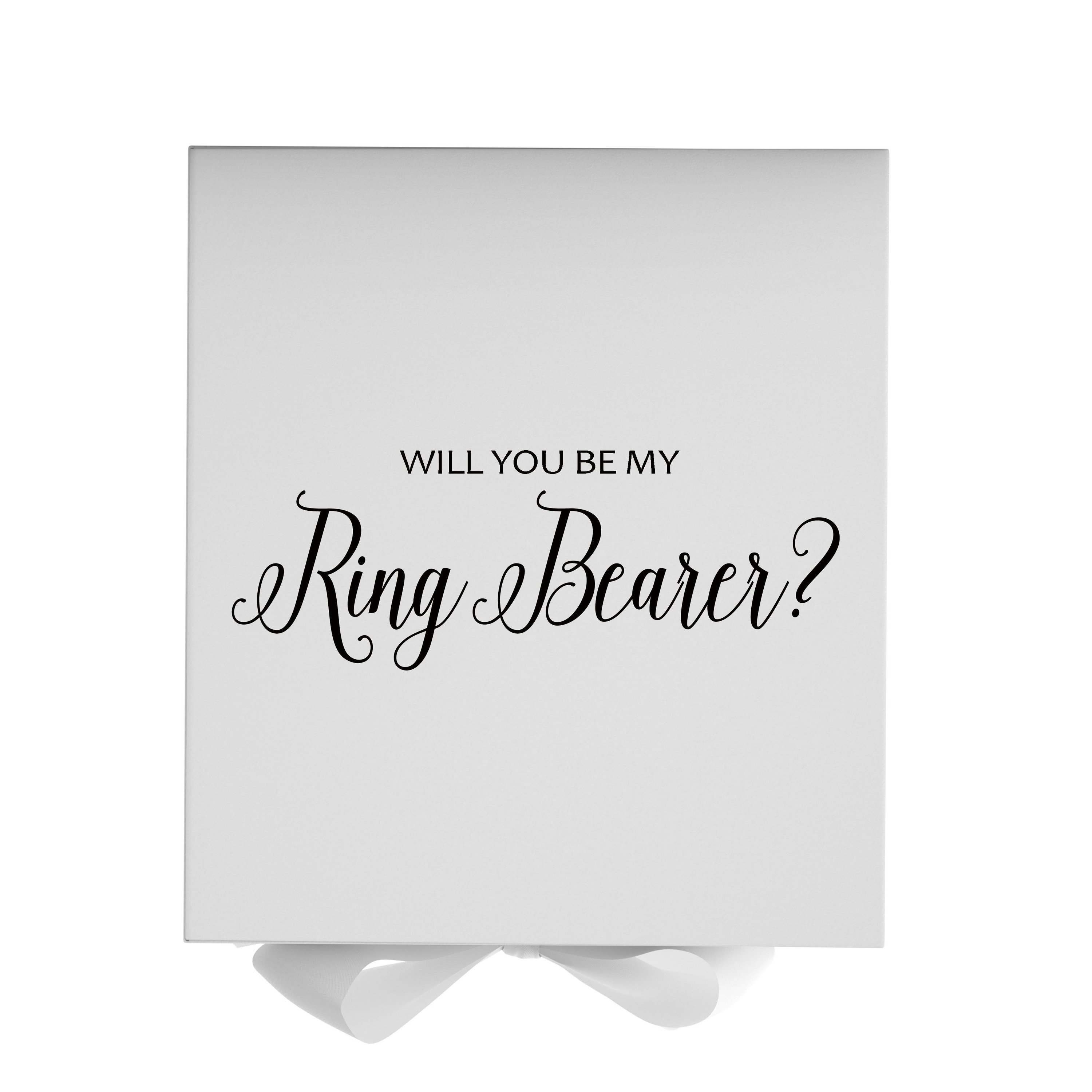 Elegant white proposal box with metallic writing, featuring a white bow and no border, perfect for asking a ring bearer.