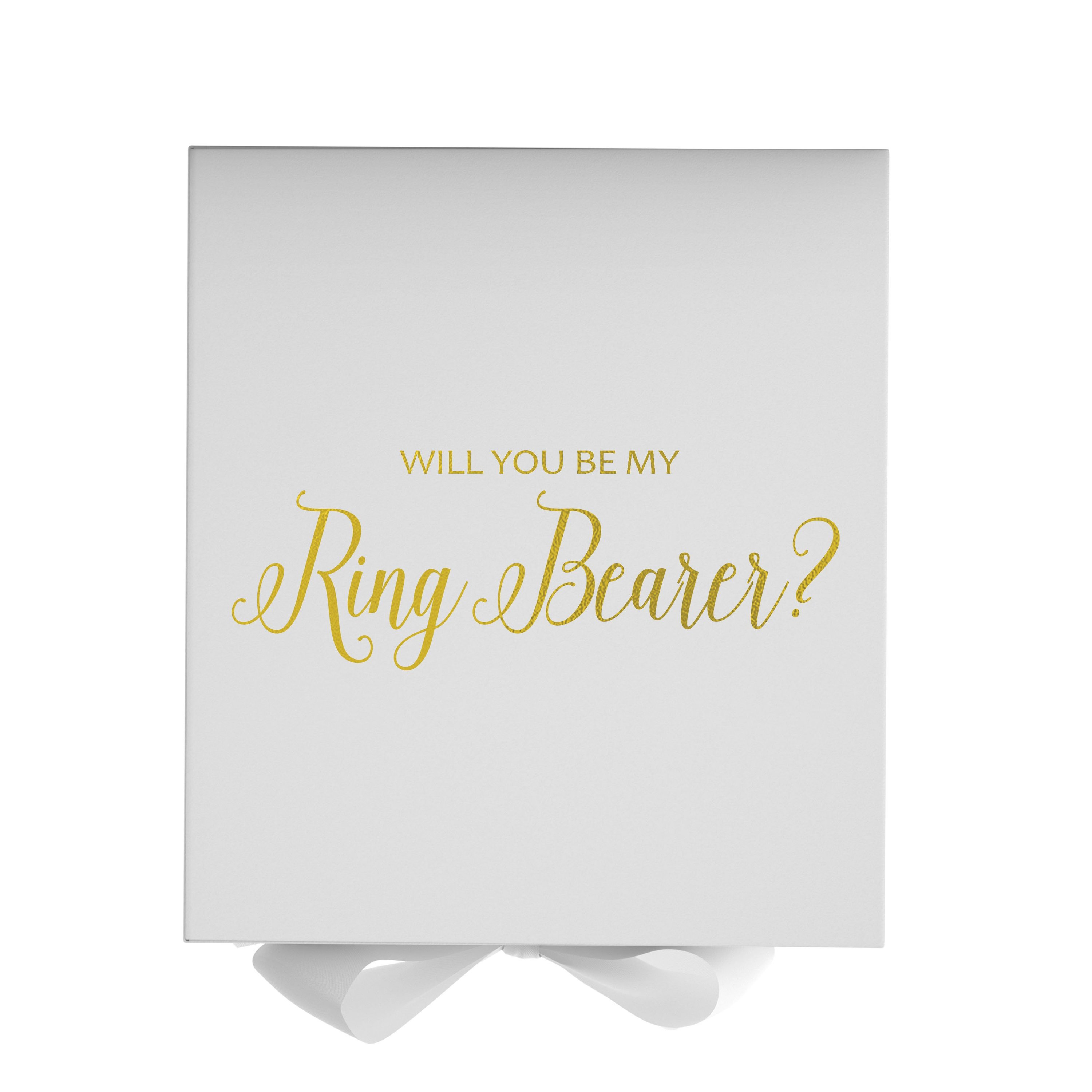 Elegant white proposal box with metallic writing, featuring a white bow and no border, perfect for asking a ring bearer.