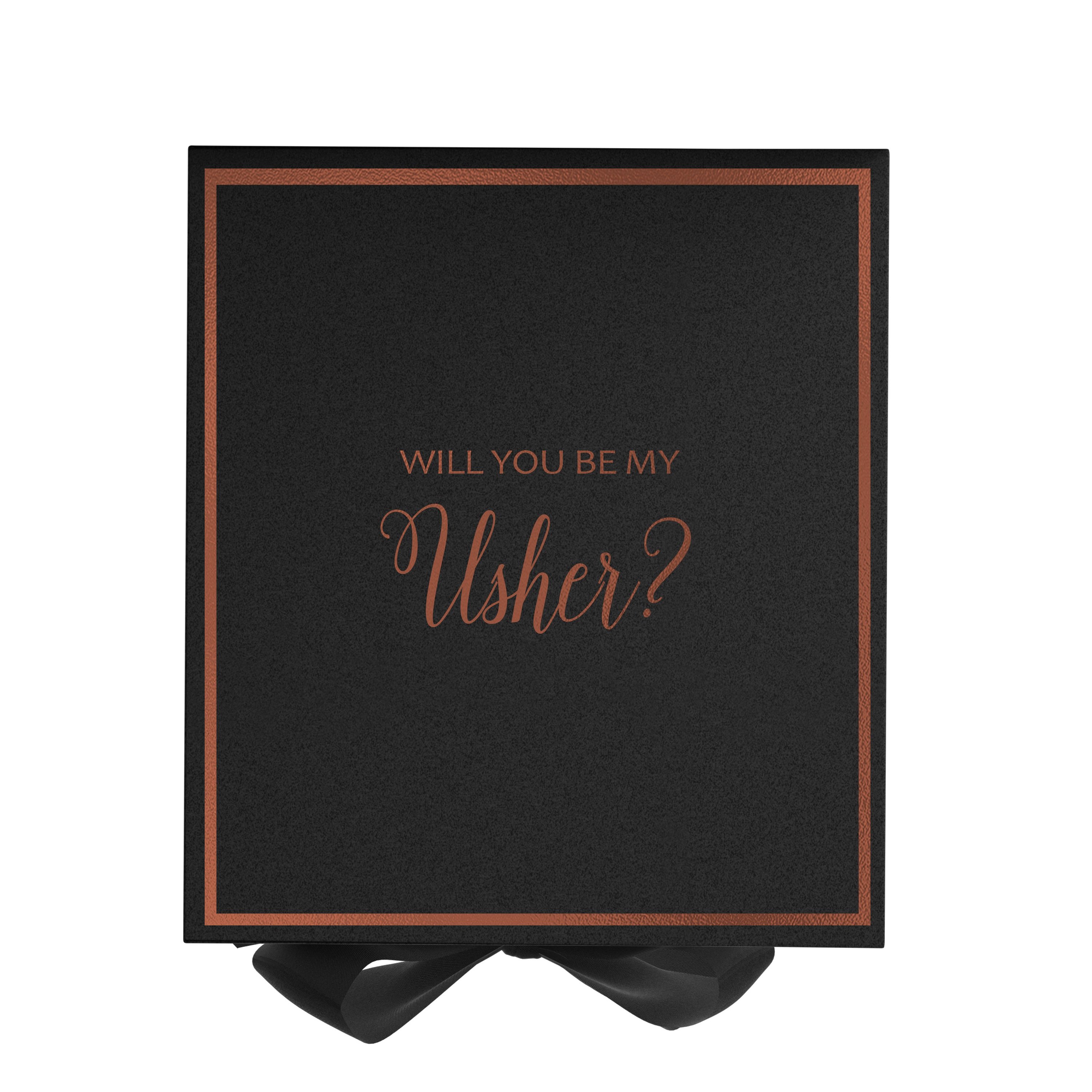 Black proposal box with metallic writing, featuring a black bow and elegant design.
