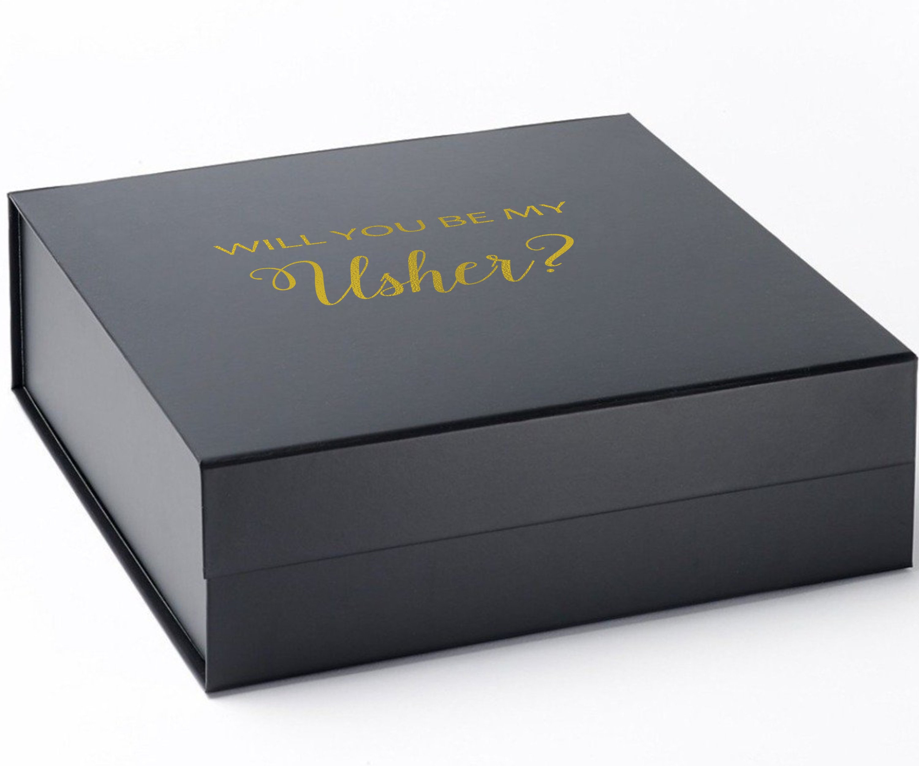 Elegant black proposal box with metallic writing for usher invitations, featuring a sleek matte finish and magnetic closure.