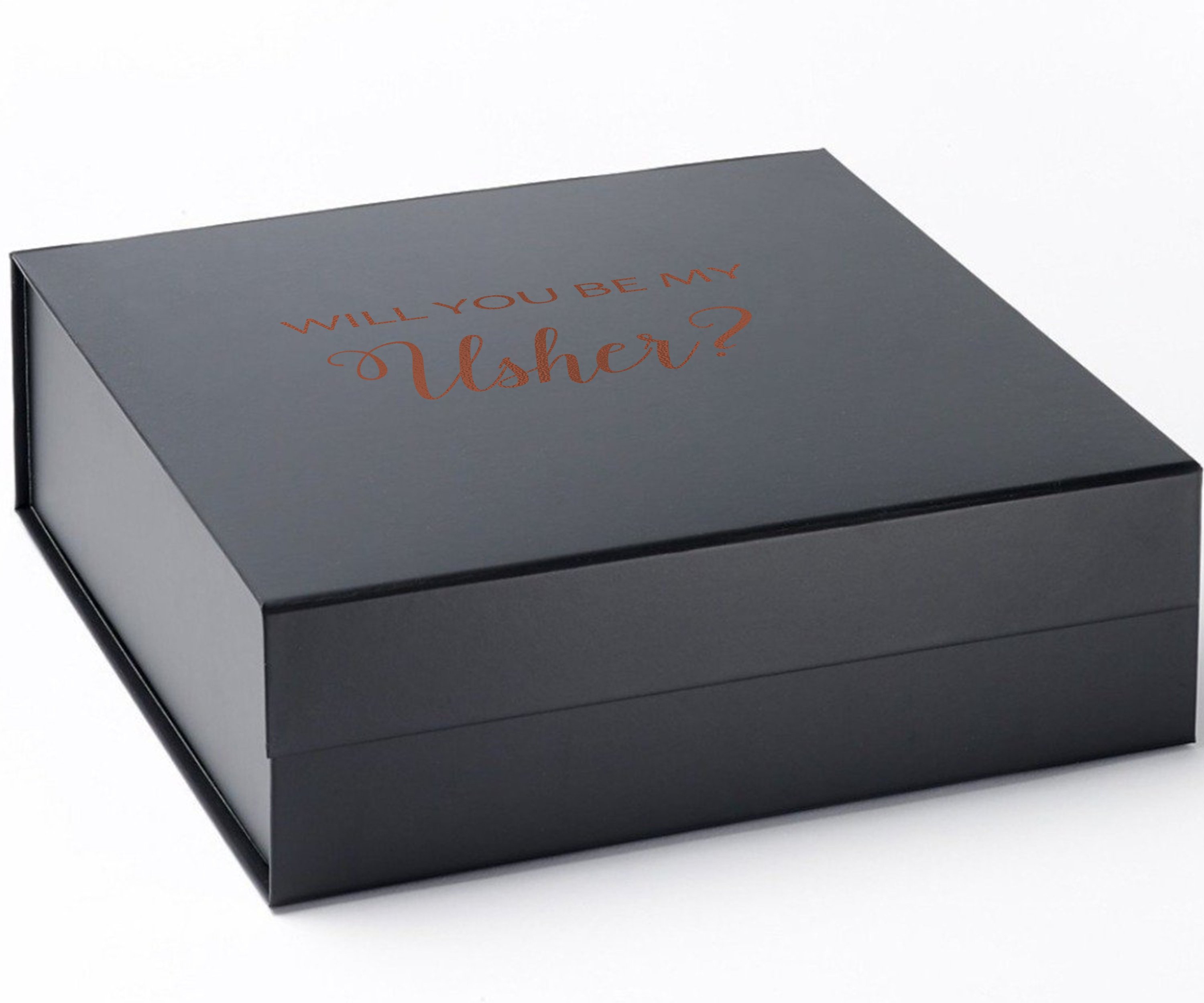 Elegant black proposal box with metallic writing for usher invitations, featuring a sleek matte finish and magnetic closure.