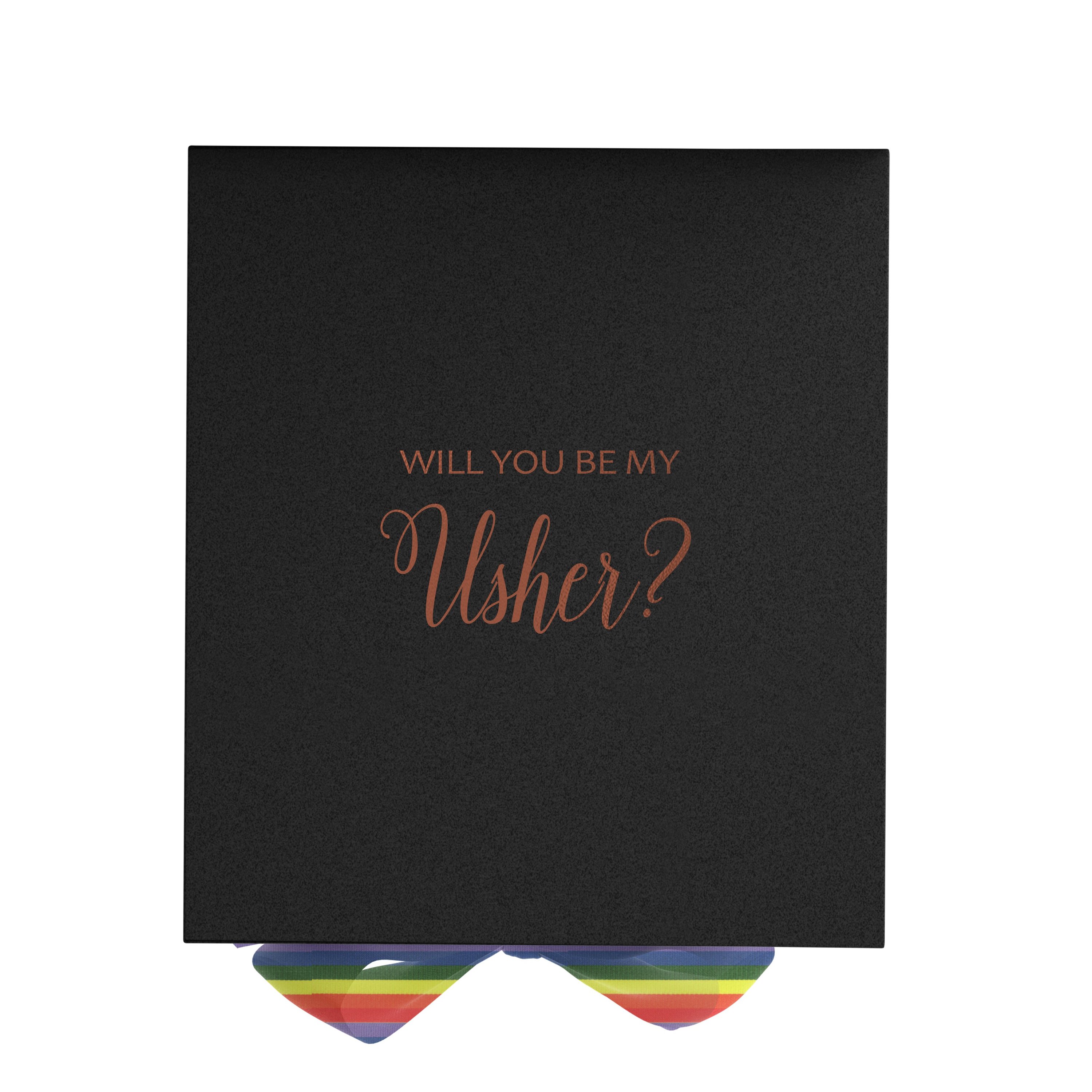 Elegant black proposal box with metallic writing and rainbow ribbon, perfect for asking your usher.