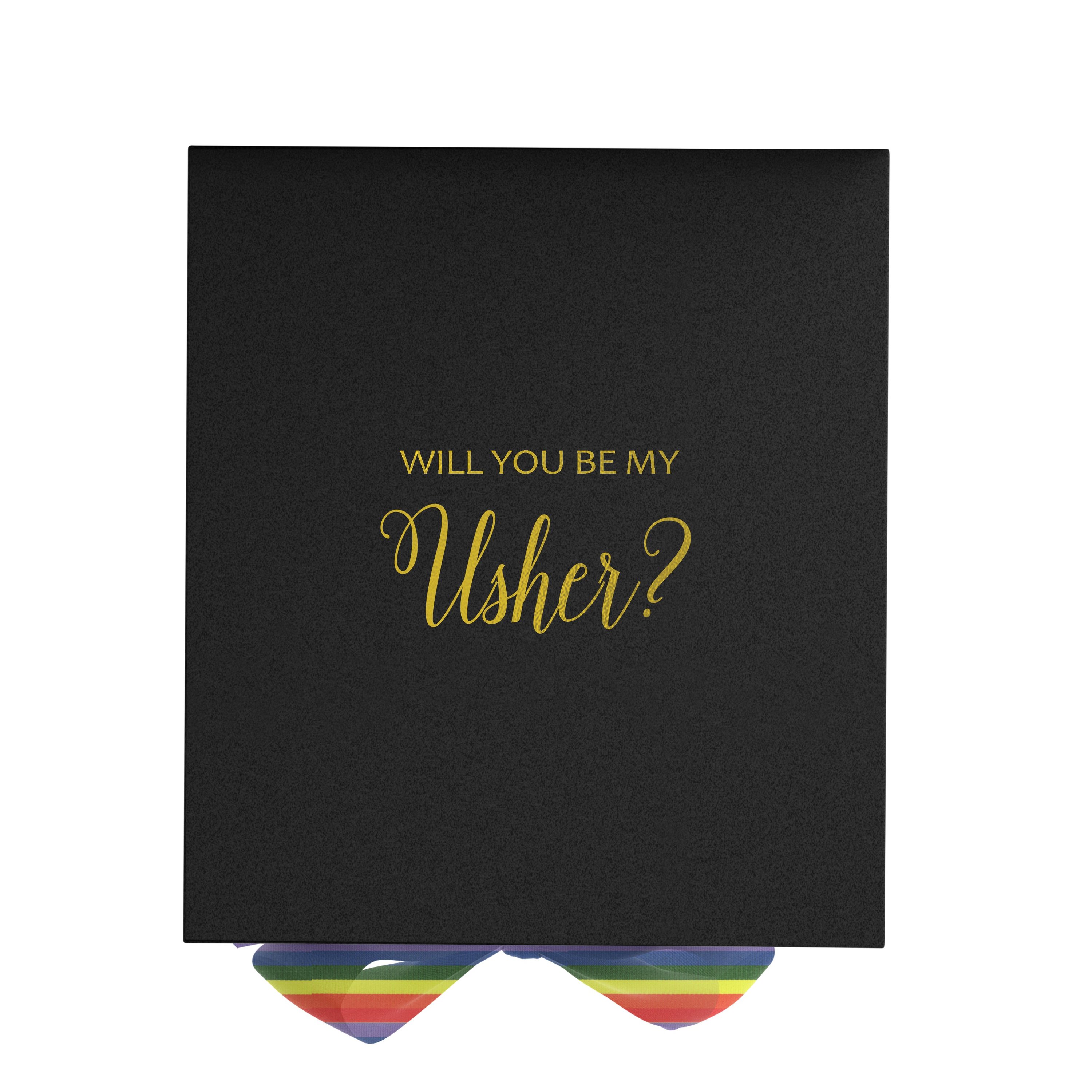 Elegant black proposal box with metallic writing and rainbow ribbon, perfect for asking your usher.