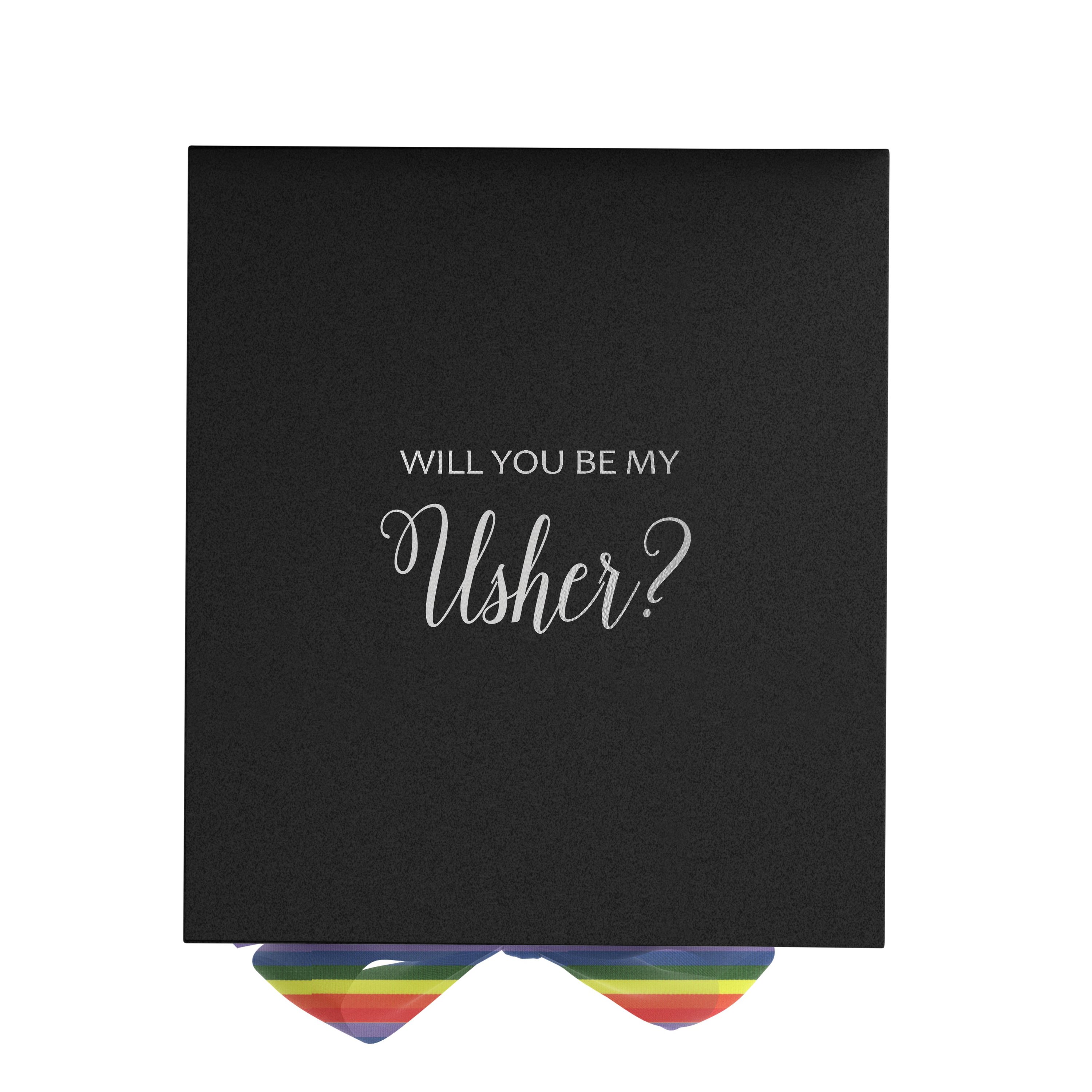 Elegant black proposal box with metallic writing and rainbow ribbon, perfect for asking your usher.