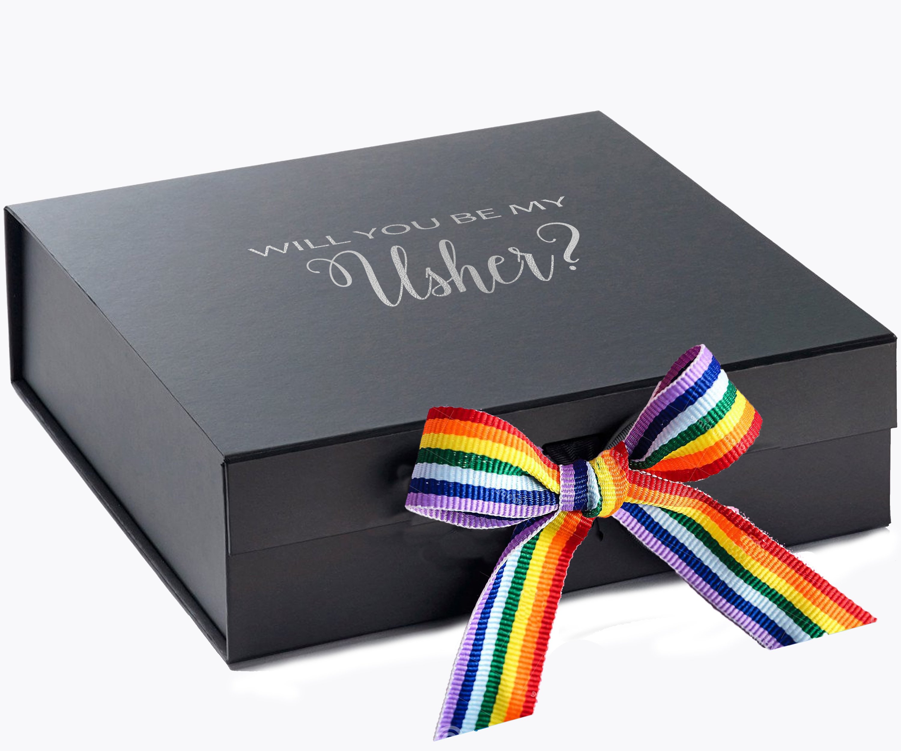Elegant black proposal box with metallic writing and rainbow ribbon, perfect for asking your usher.