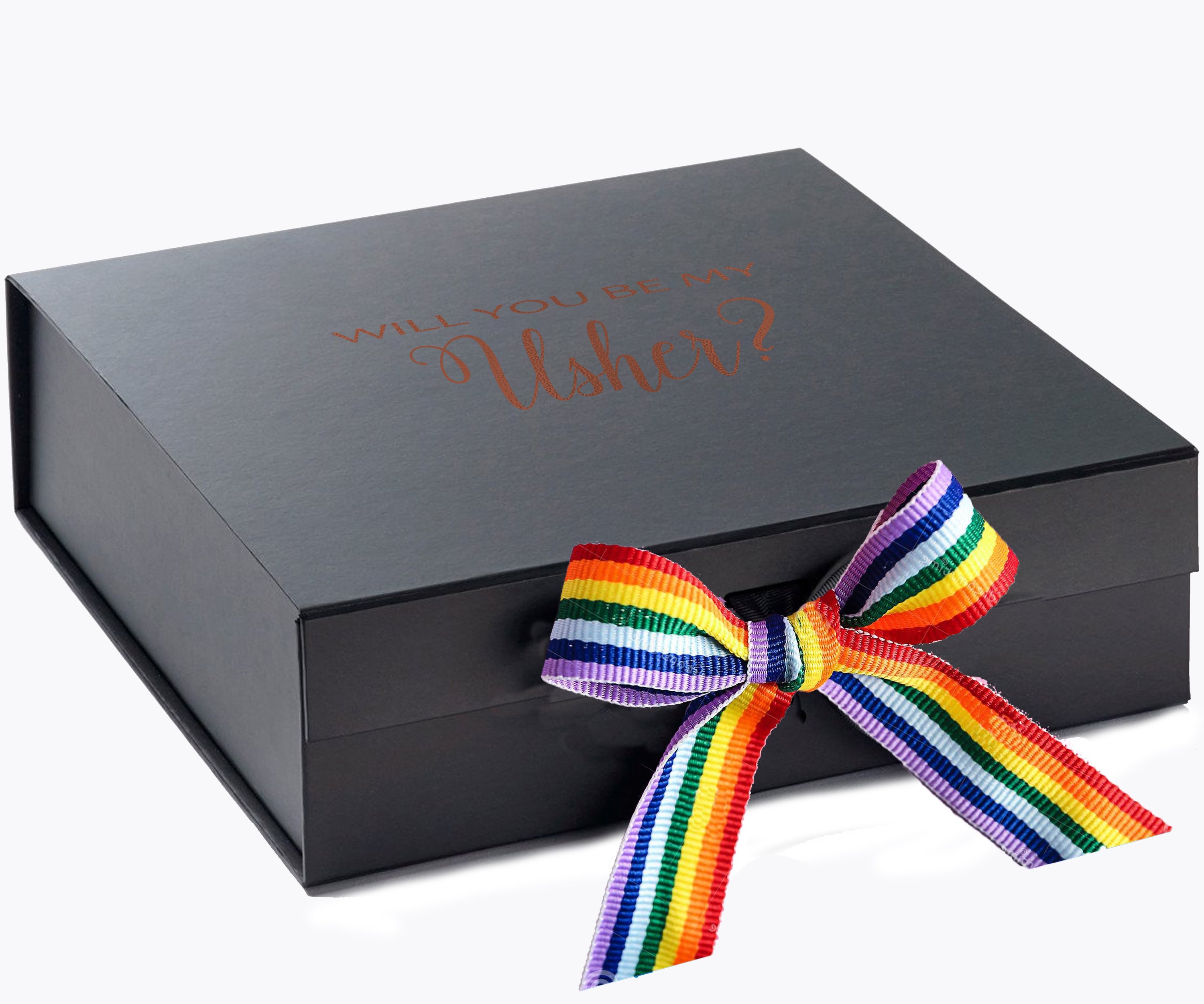 Elegant black proposal box with metallic writing and rainbow ribbon, perfect for asking your usher.