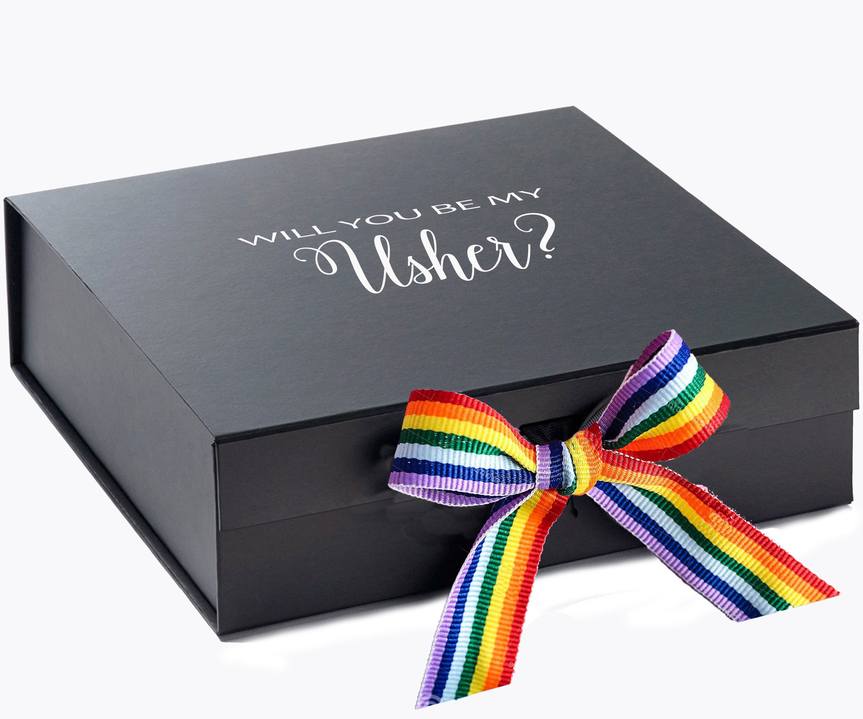 Elegant black proposal box with metallic writing and rainbow ribbon, perfect for asking your usher.