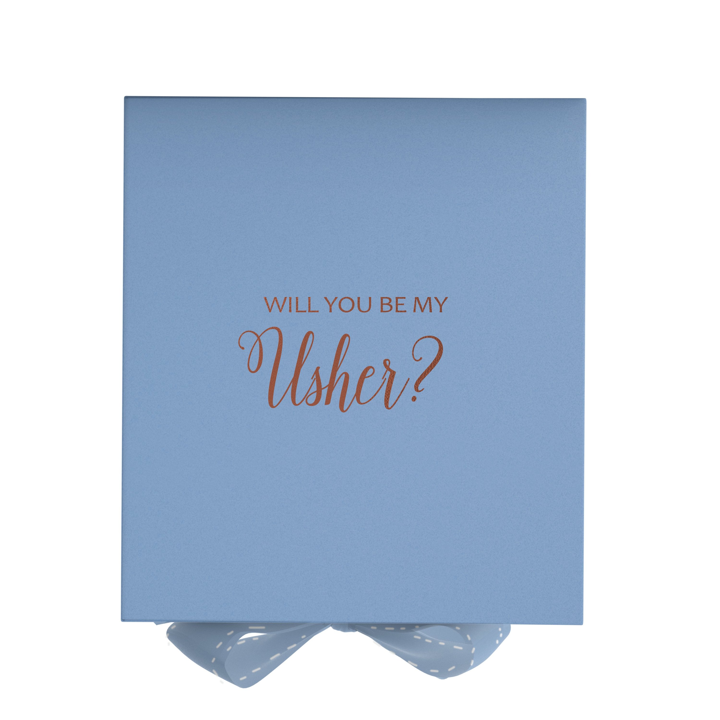 Light blue proposal box with metallic writing and matching bow, showcasing its elegant design.