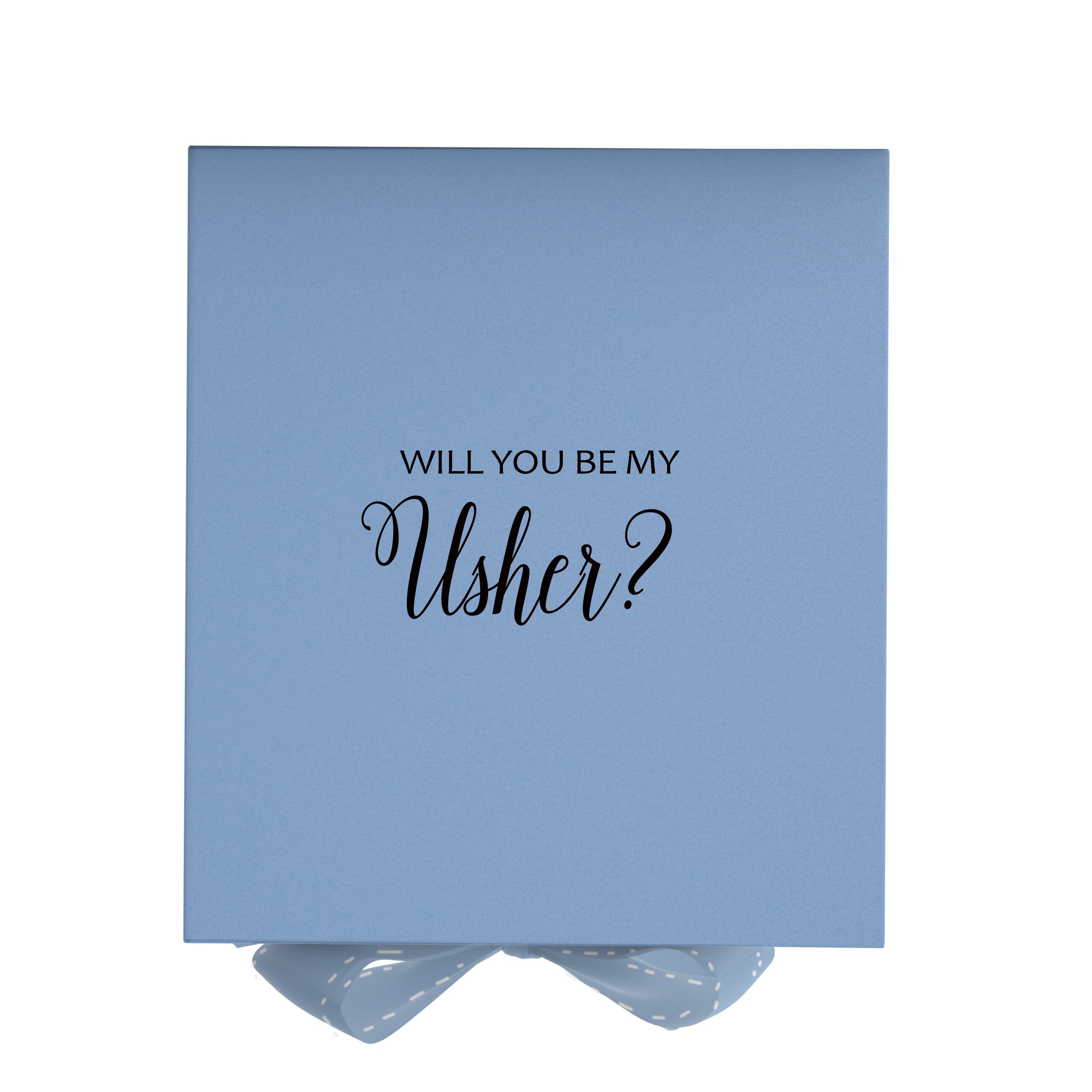 Light blue proposal box with metallic writing and matching bow, showcasing its elegant design.