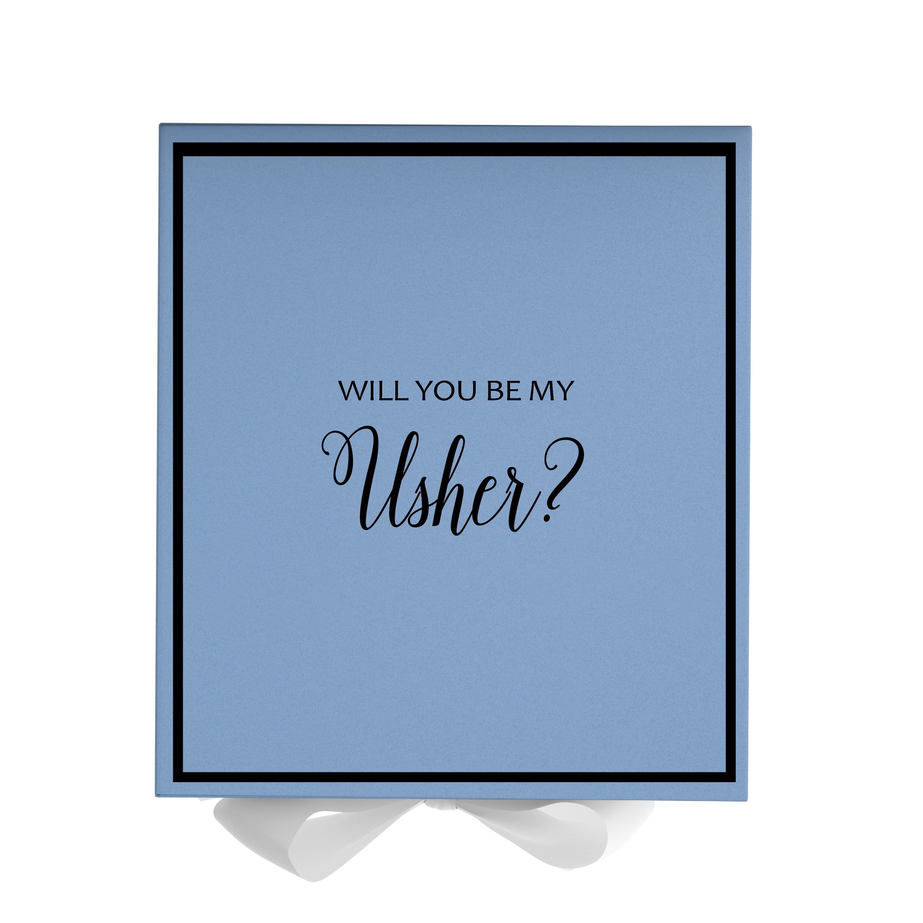 Light blue proposal box with white bow and metallic writing, perfect for asking someone to be your usher.