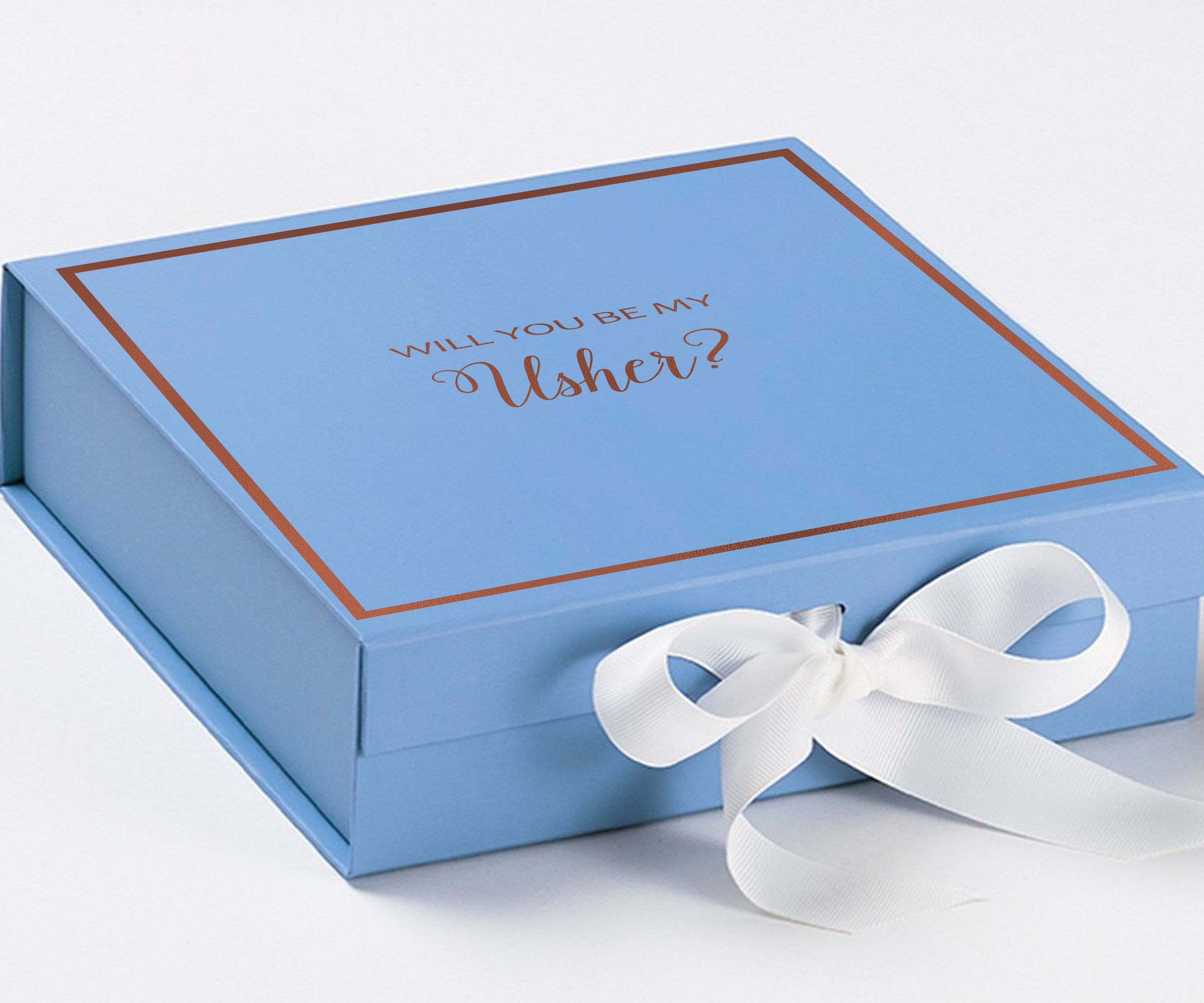 Light blue proposal box with white bow and metallic writing, perfect for asking someone to be your usher.