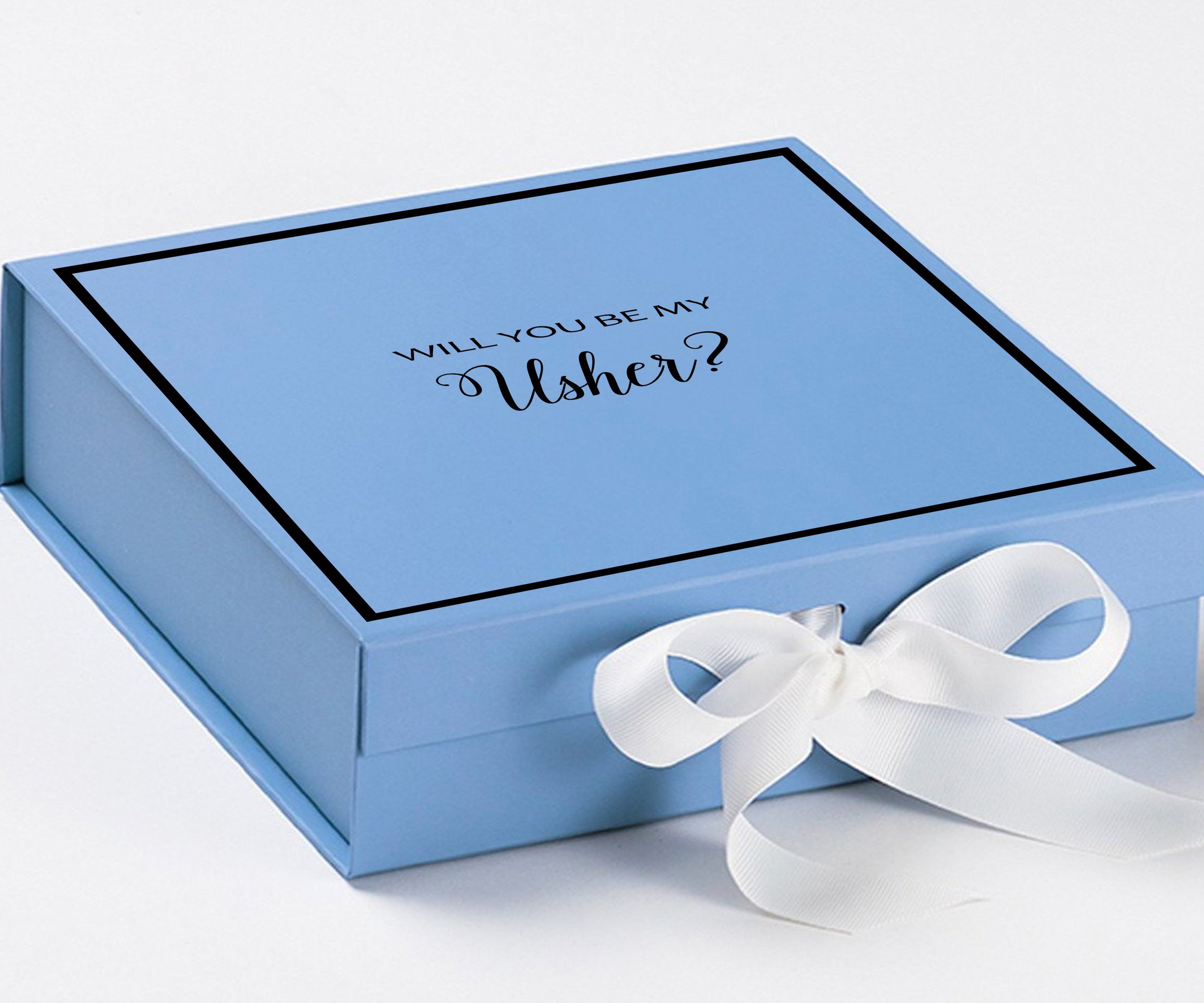 Light blue proposal box with white bow and metallic writing, perfect for asking someone to be your usher.