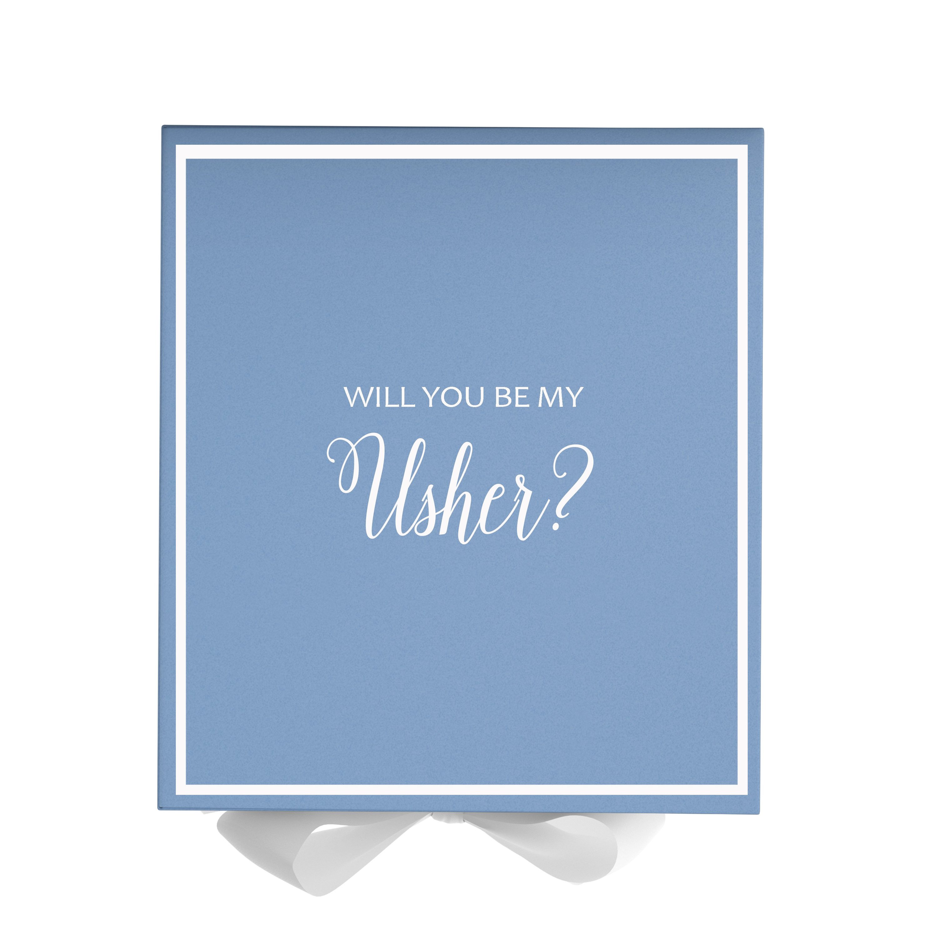 Light blue proposal box with white bow and metallic writing, perfect for asking someone to be your usher.