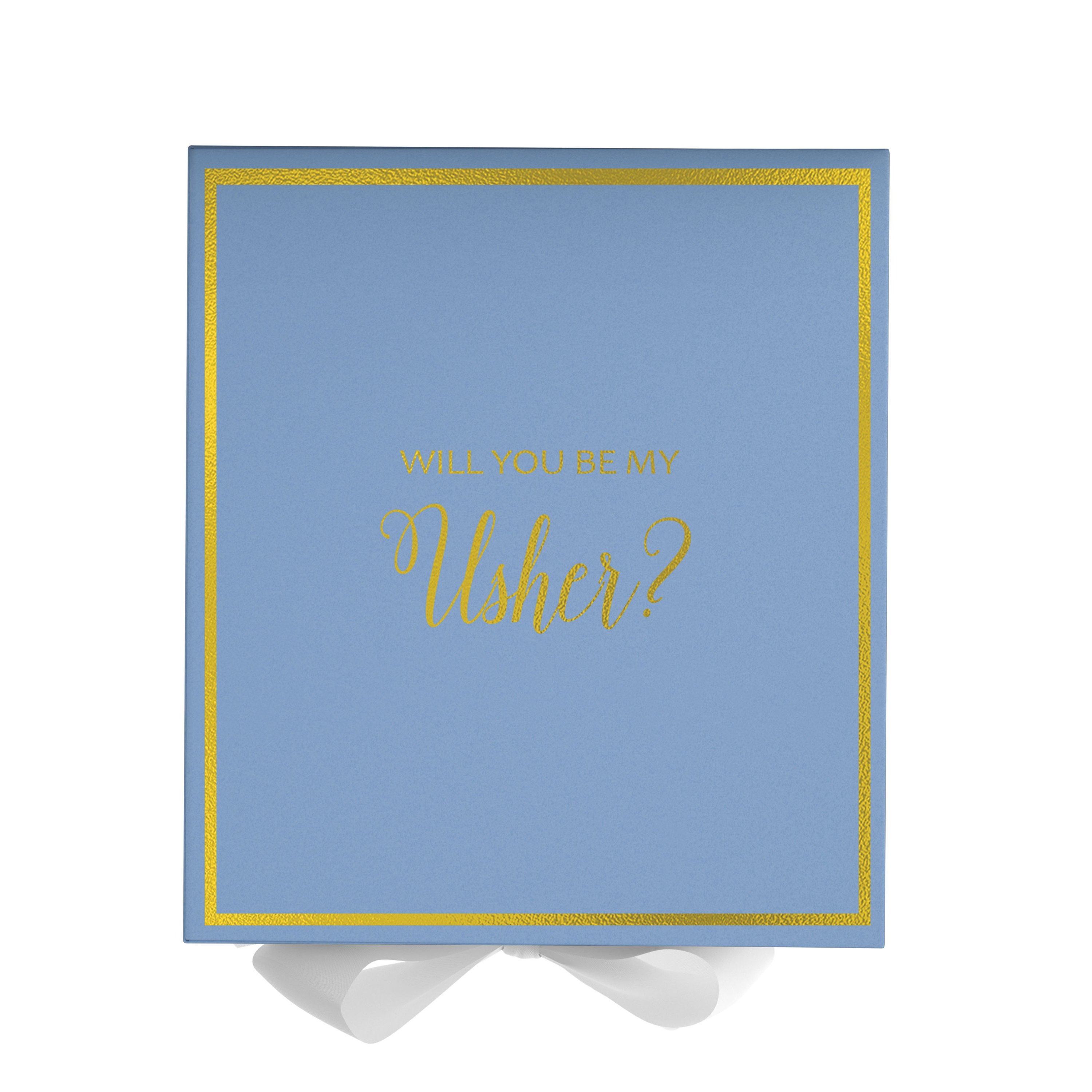Light blue proposal box with white bow and metallic writing, perfect for asking someone to be your usher.