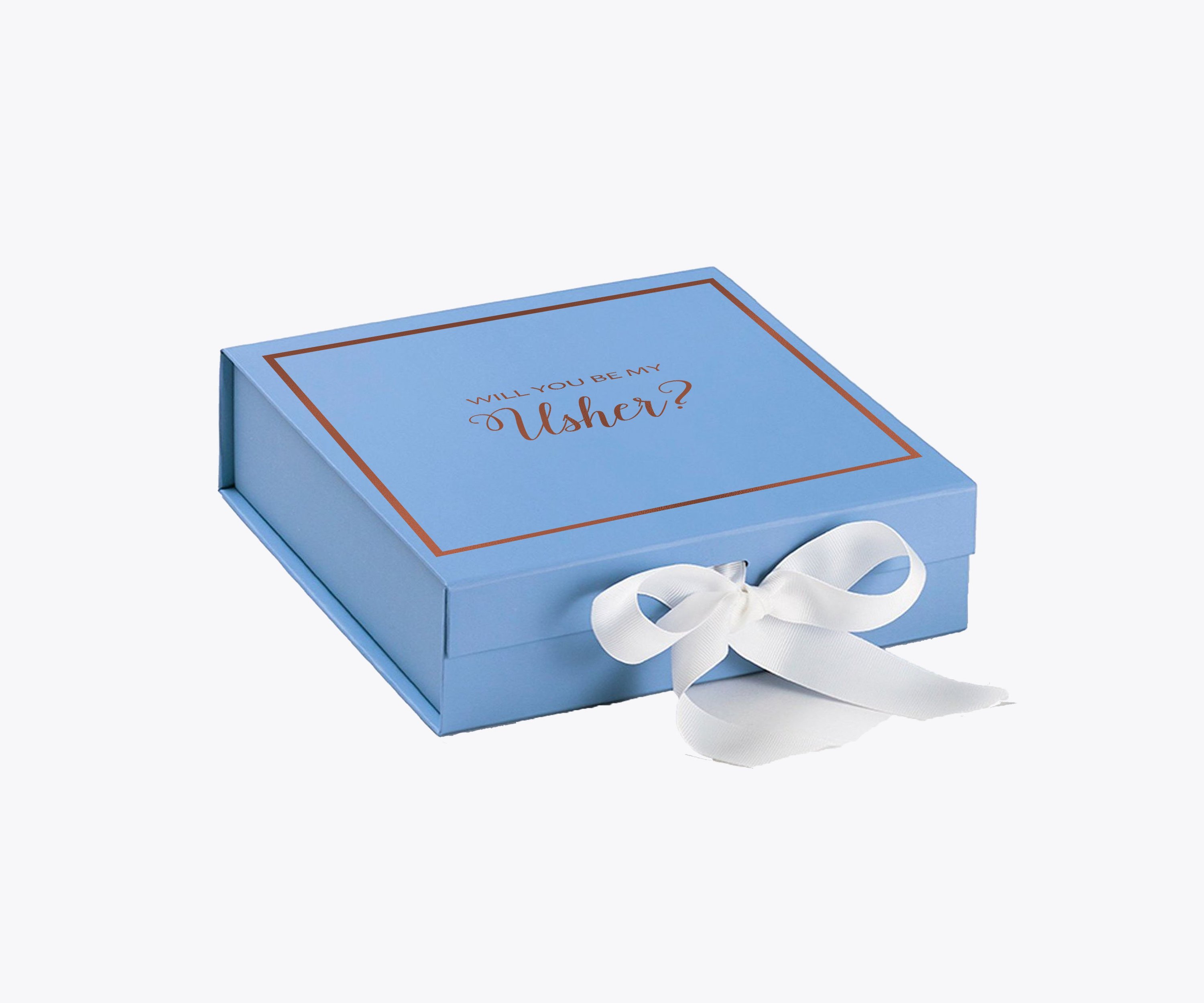 Light blue proposal box with white bow and metallic writing, perfect for asking someone to be your usher.