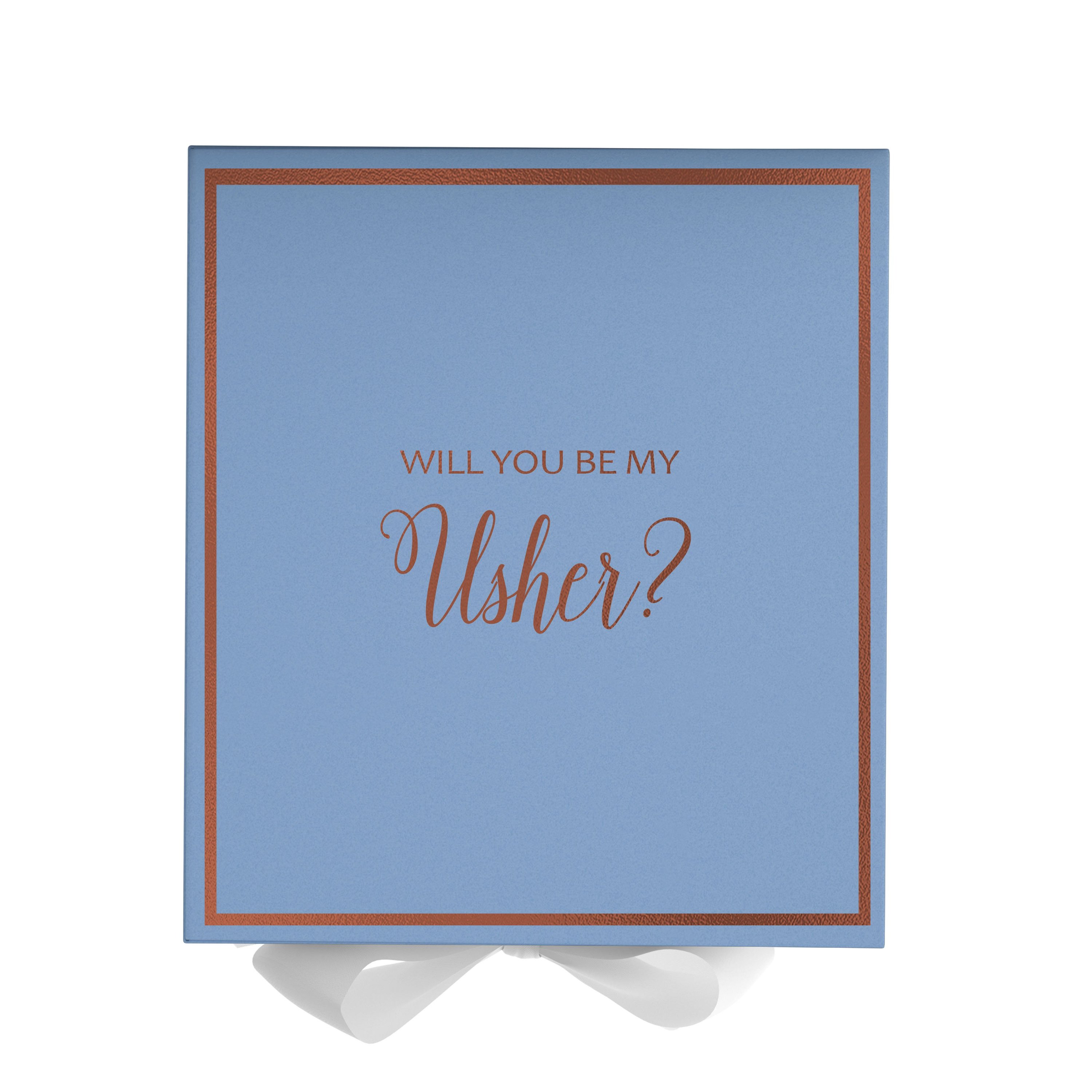 Light blue proposal box with white bow and metallic writing, perfect for asking someone to be your usher.