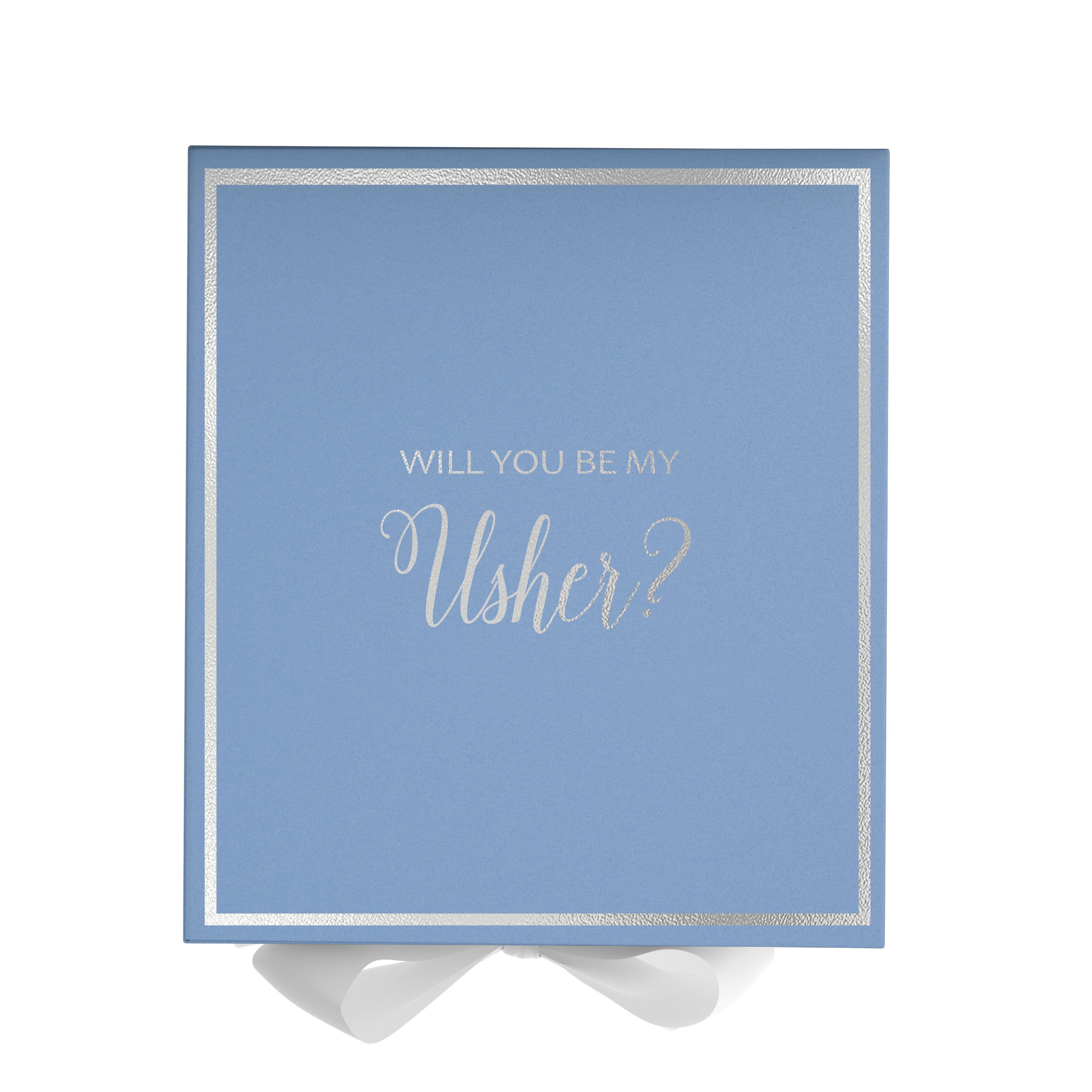 Light blue proposal box with white bow and metallic writing, perfect for asking someone to be your usher.