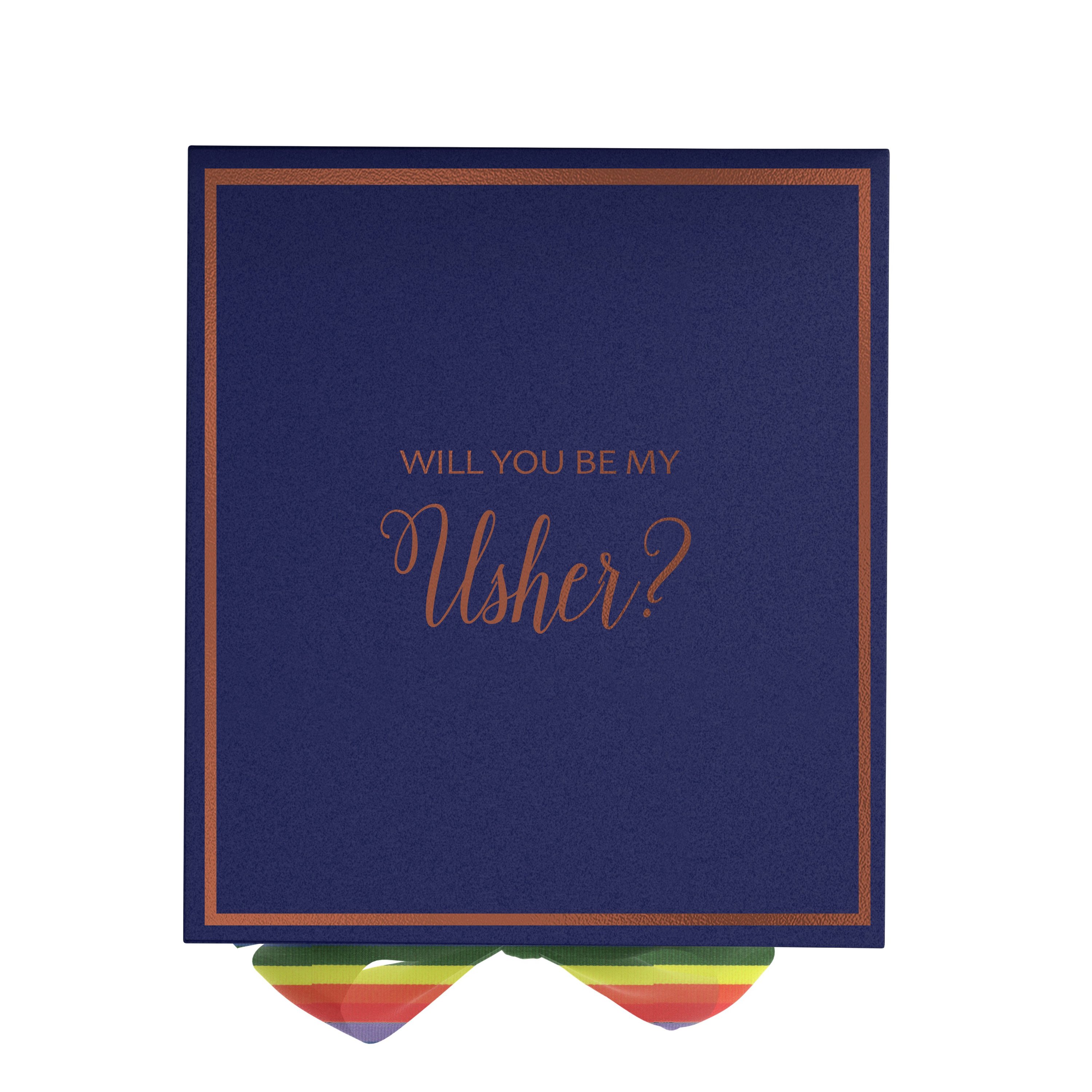 Navy proposal box with metallic writing and rainbow ribbon, showcasing elegant design and quality craftsmanship.