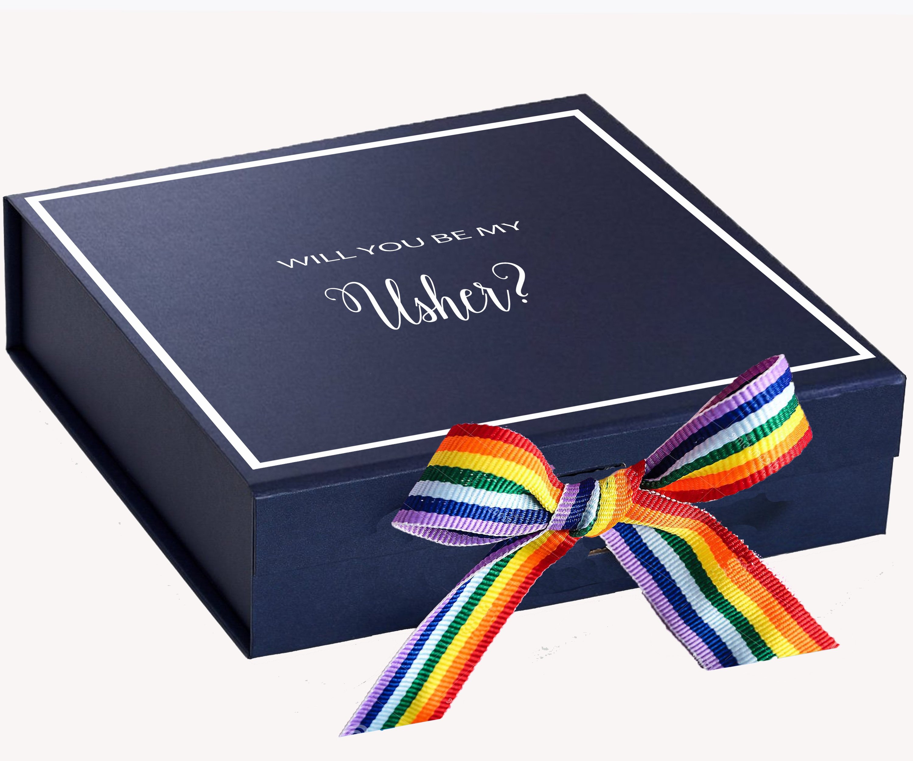 Navy proposal box with metallic writing and rainbow ribbon, showcasing elegant design and quality craftsmanship.