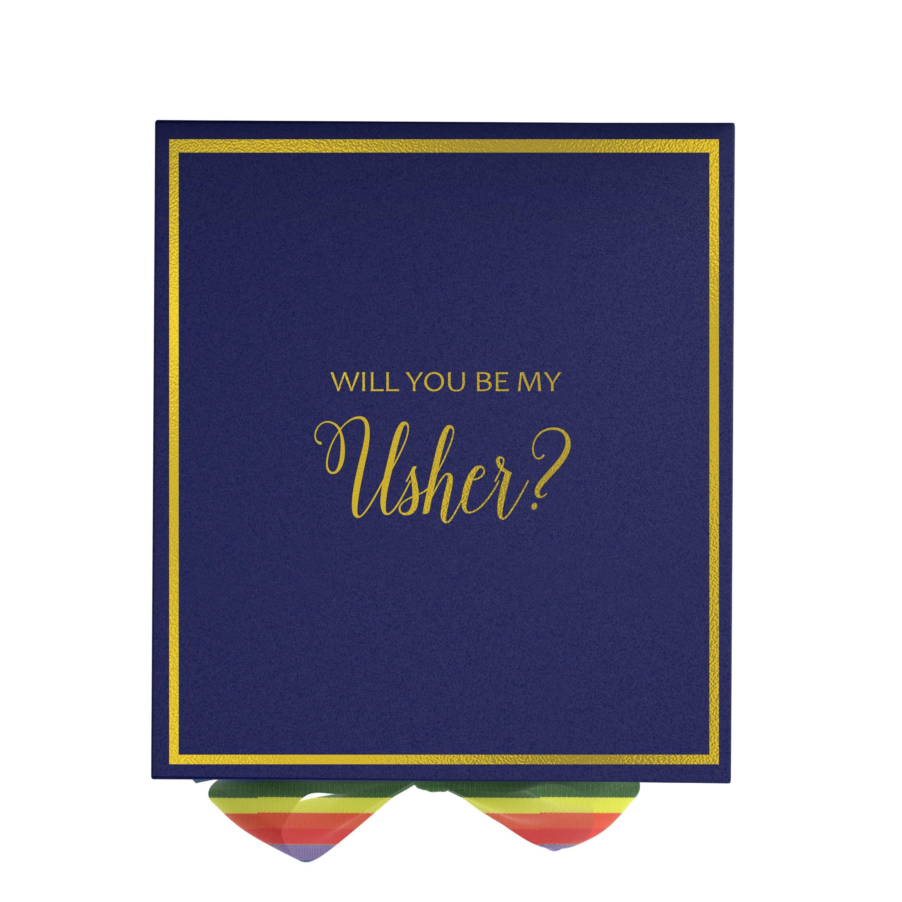 Navy proposal box with metallic writing and rainbow ribbon, showcasing elegant design and quality craftsmanship.