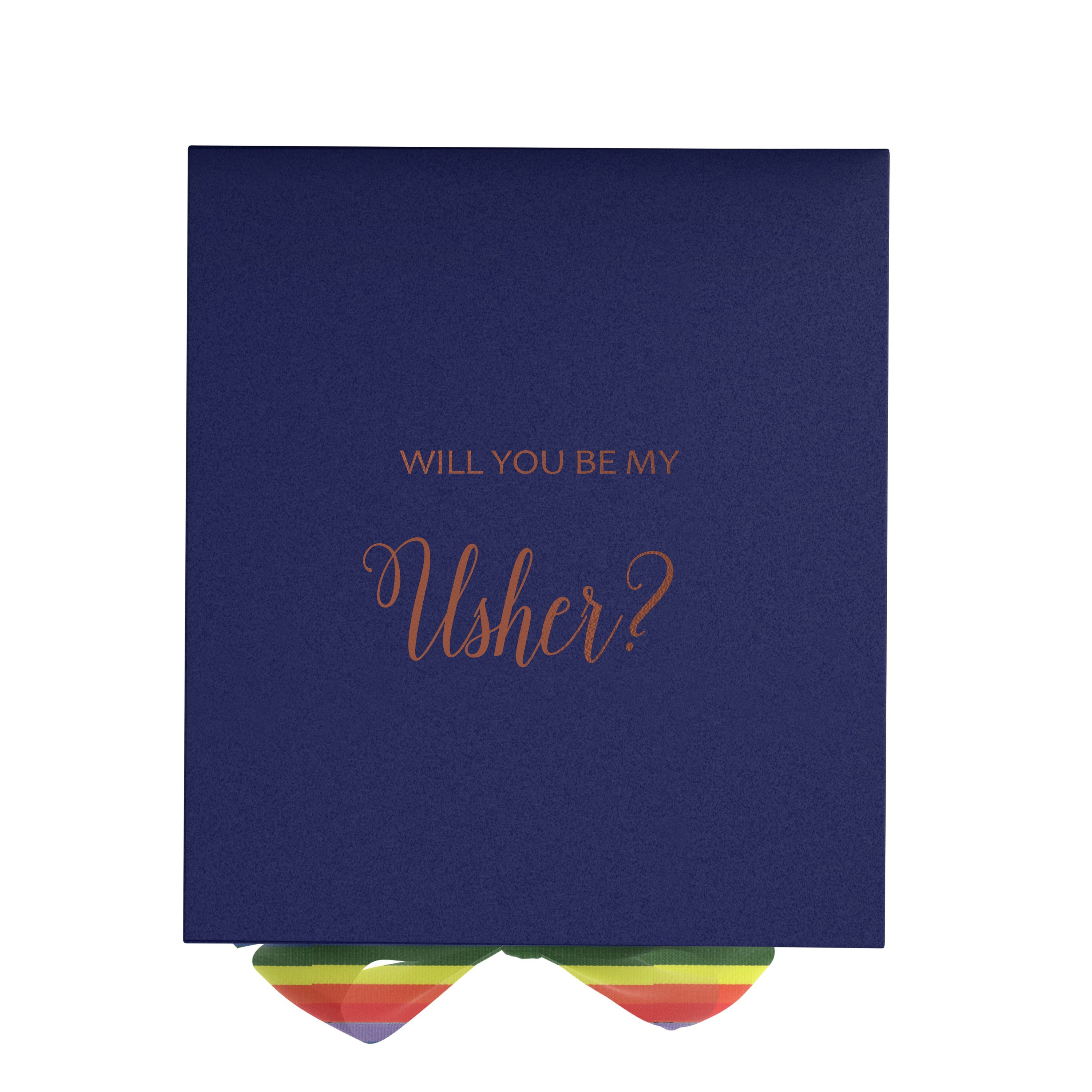 Navy proposal box with metallic writing and rainbow ribbon, showcasing its elegant design and luxurious finish.