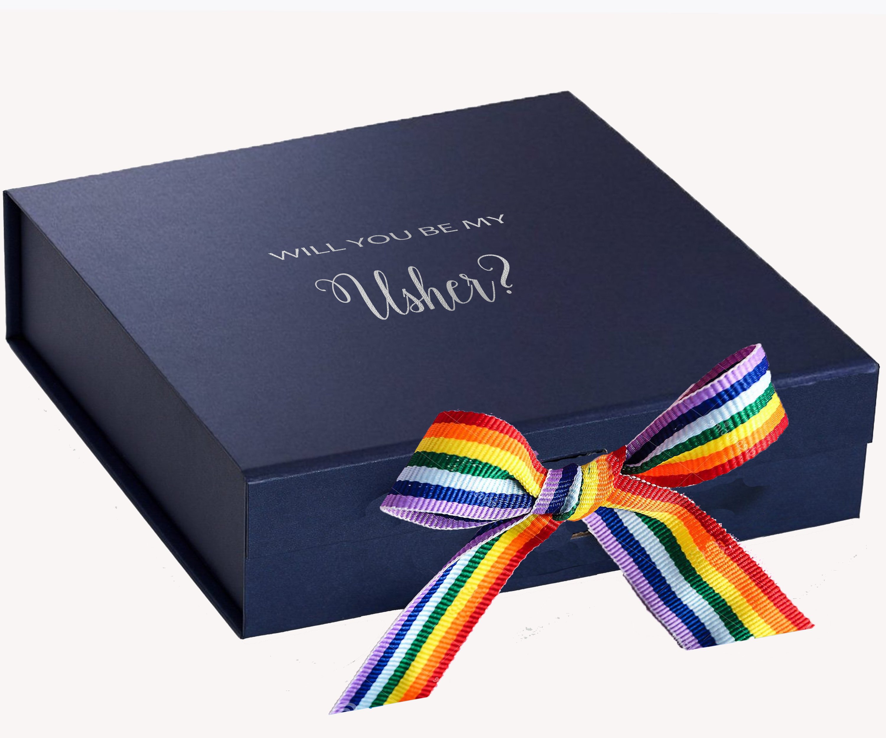 Navy proposal box with metallic writing and rainbow ribbon, showcasing its elegant design and luxurious finish.