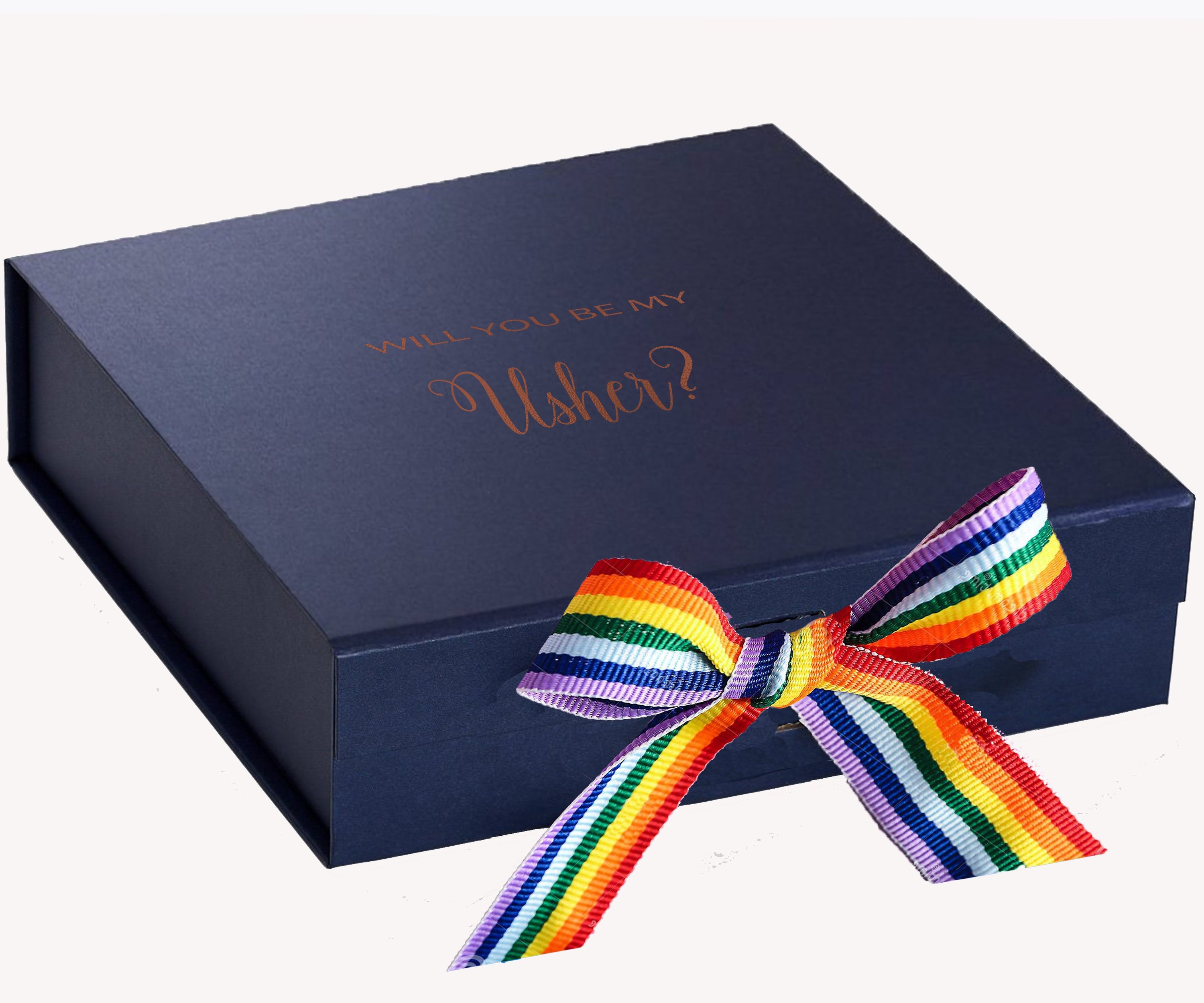 Navy proposal box with metallic writing and rainbow ribbon, showcasing its elegant design and luxurious finish.