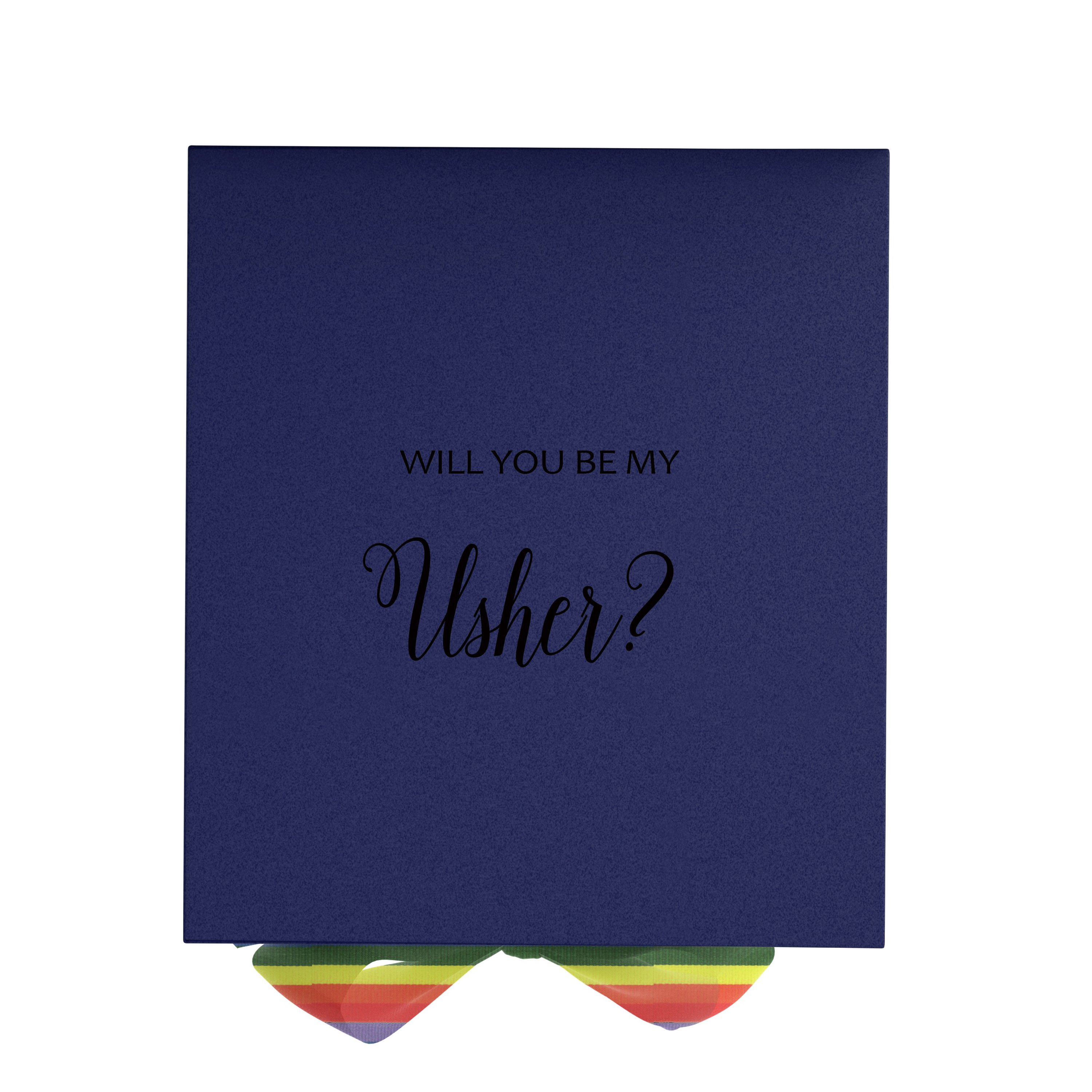 Navy proposal box with metallic writing and rainbow ribbon, showcasing its elegant design and luxurious finish.