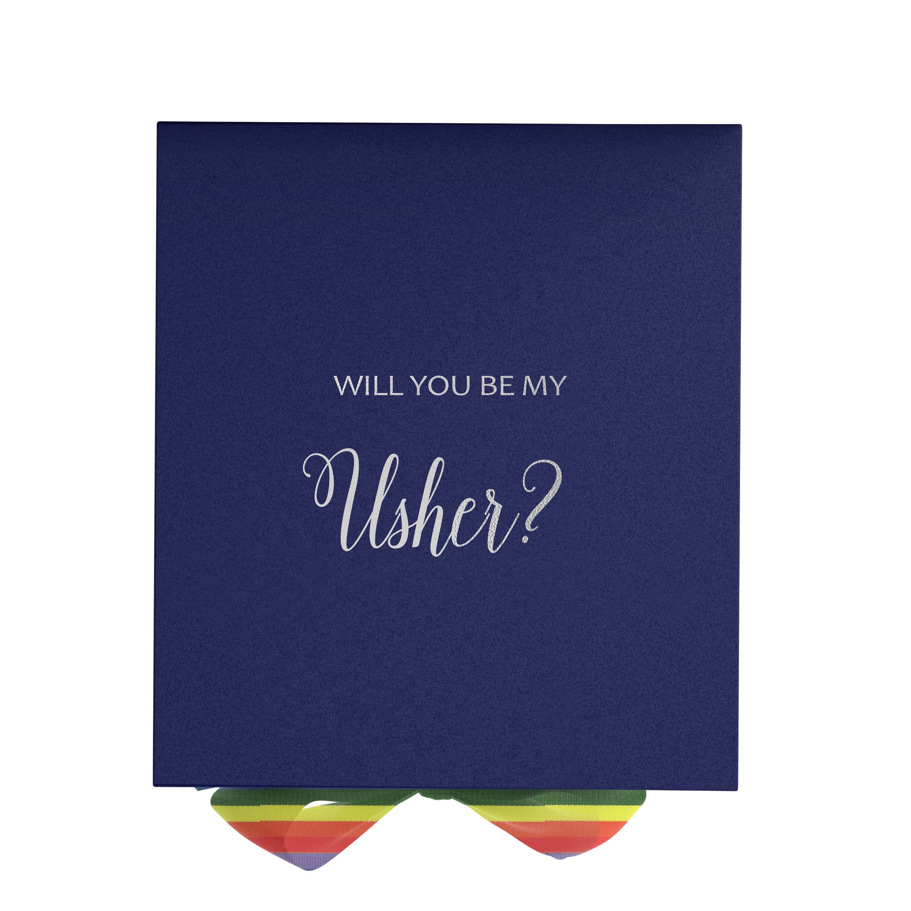 Navy proposal box with metallic writing and rainbow ribbon, showcasing its elegant design and luxurious finish.